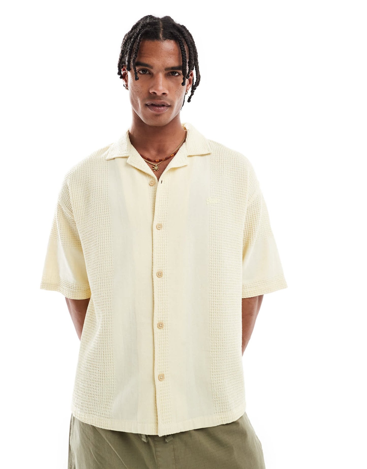 Pull&Bear STWD waffle textured short sleeve shirt in butter yellow - ASOS Sample Sale