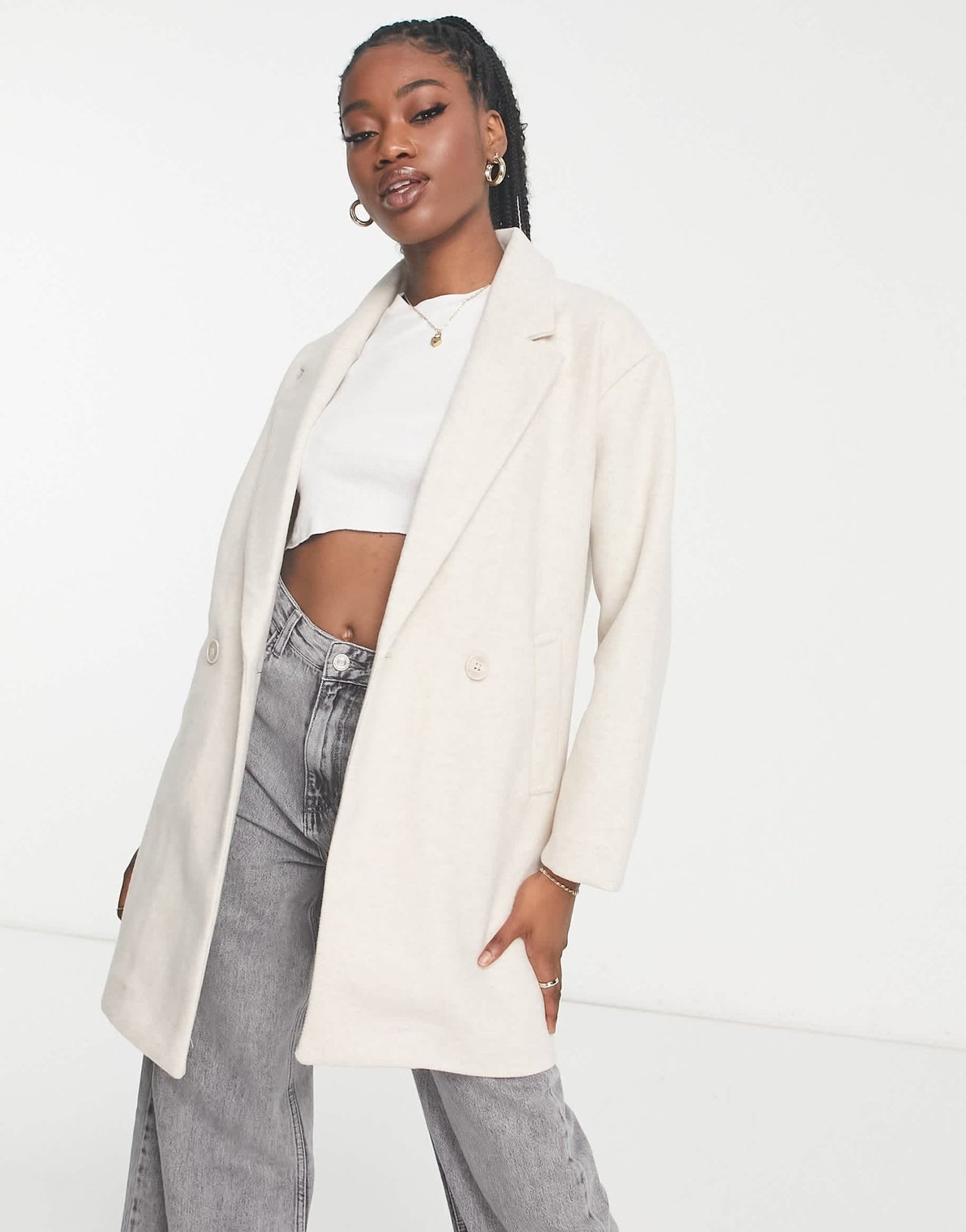 Pull&Bear tailored longline pea coat in beige - ASOS Sample Sale
