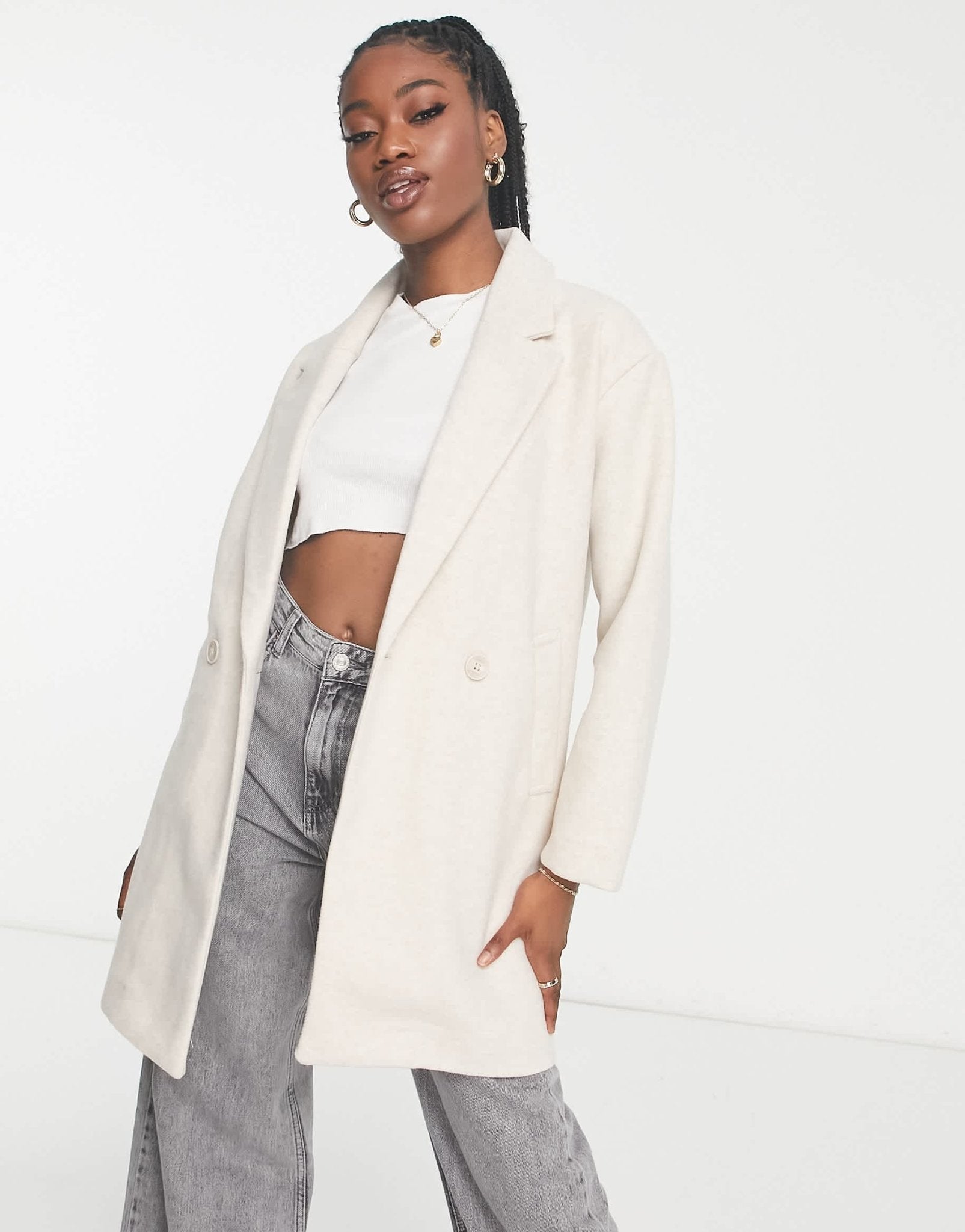 Pull&Bear tailored longline pea coat in beige - ASOS Sample Sale