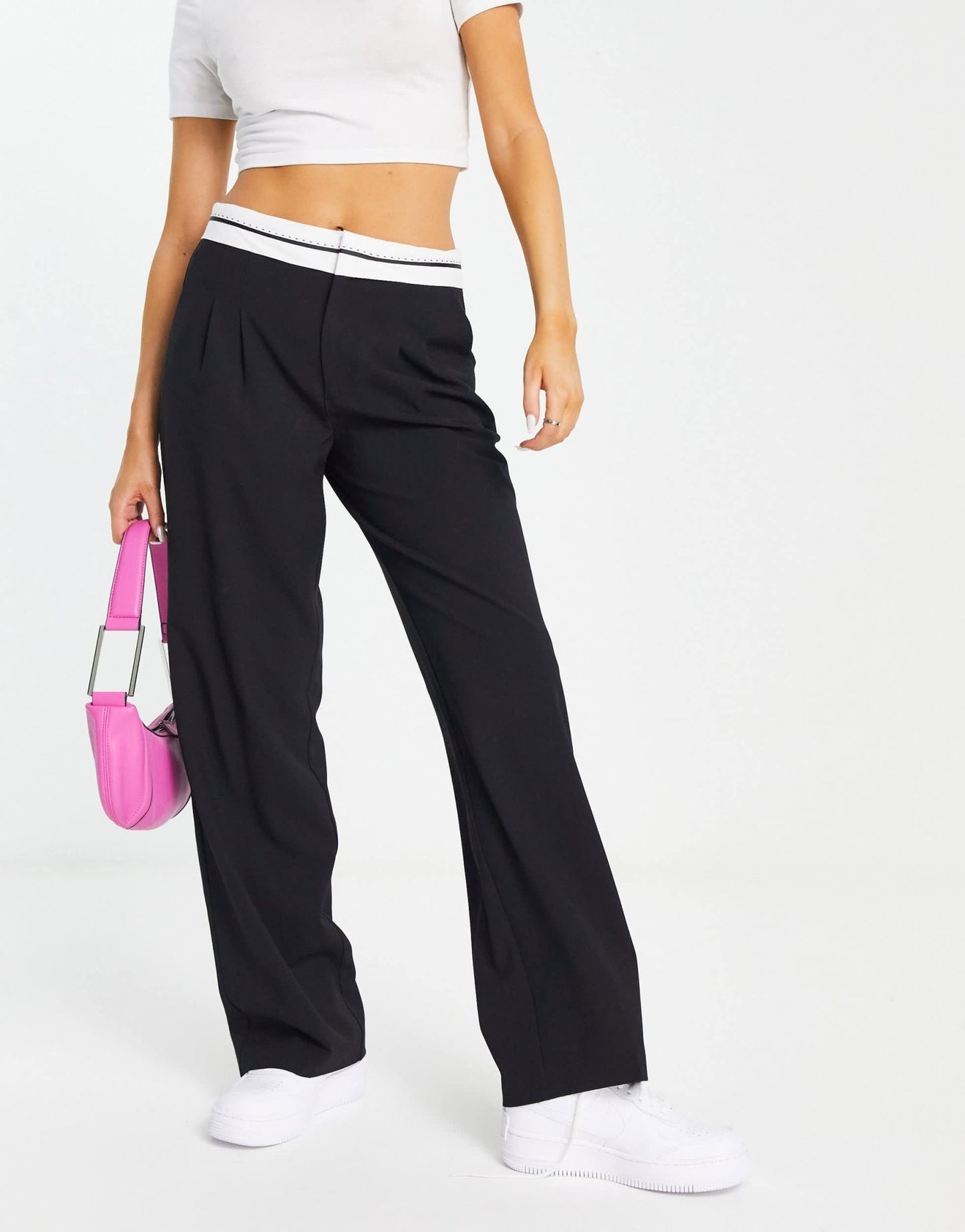 Pull&Bear tailored trouser with reverse waistband in black - ASOS Sample Sale