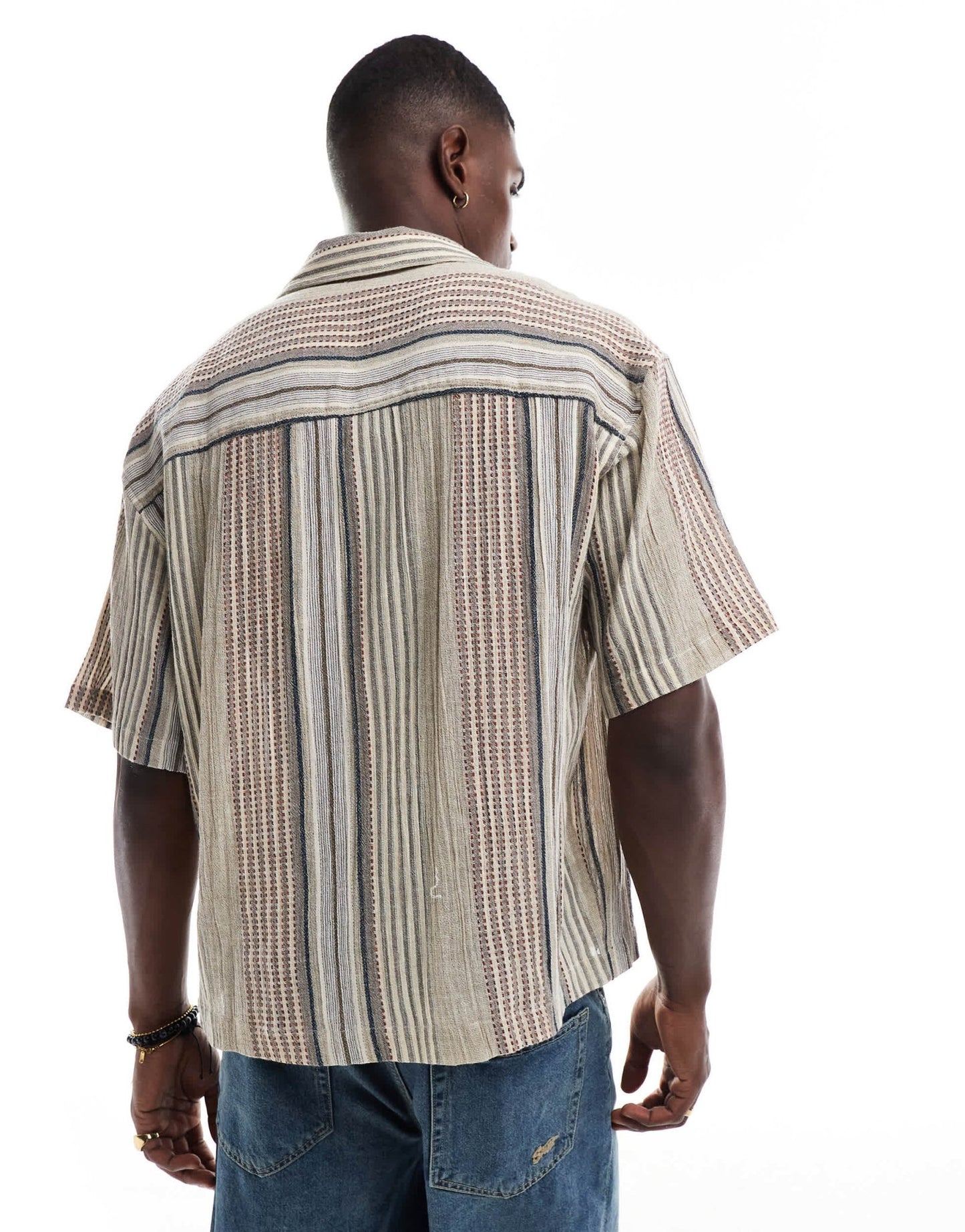 Pull&Bear textured retro striped shirt in brown - ASOS Sample Sale