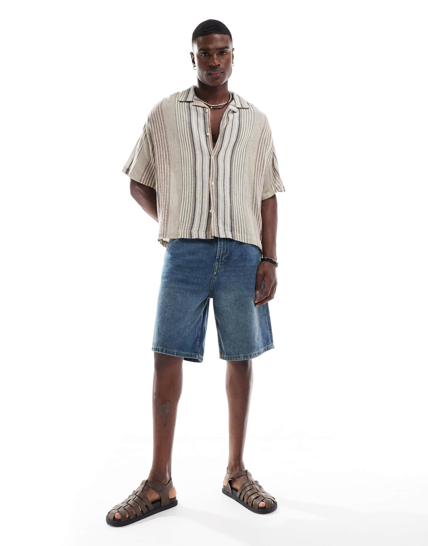Pull&Bear textured retro striped shirt in brown - ASOS Sample Sale