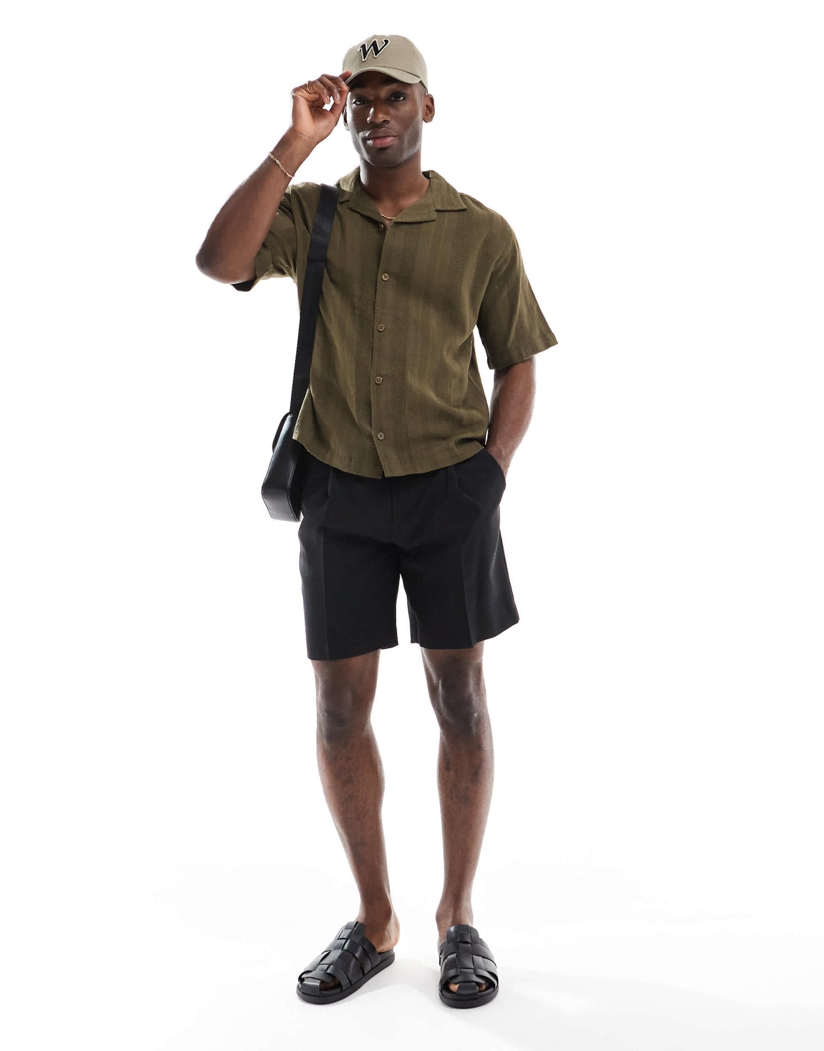Pull&Bear textured stripe shirt in khaki - ASOS Sample Sale