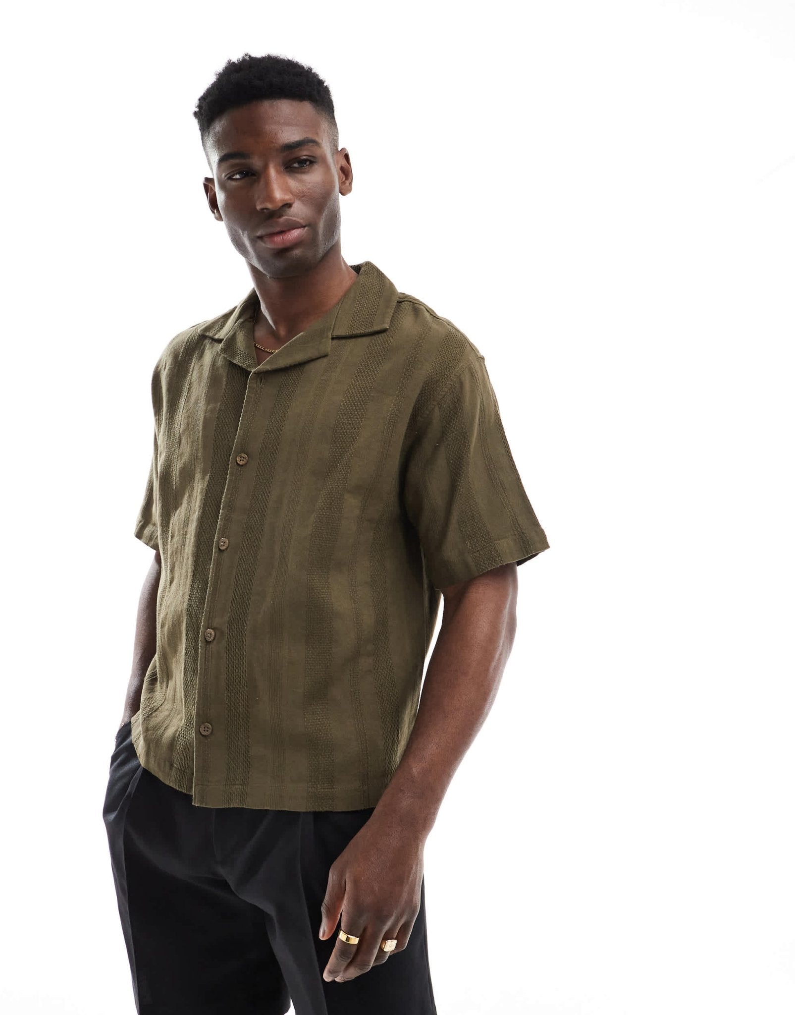 Pull&Bear textured stripe shirt in khaki - ASOS Sample Sale