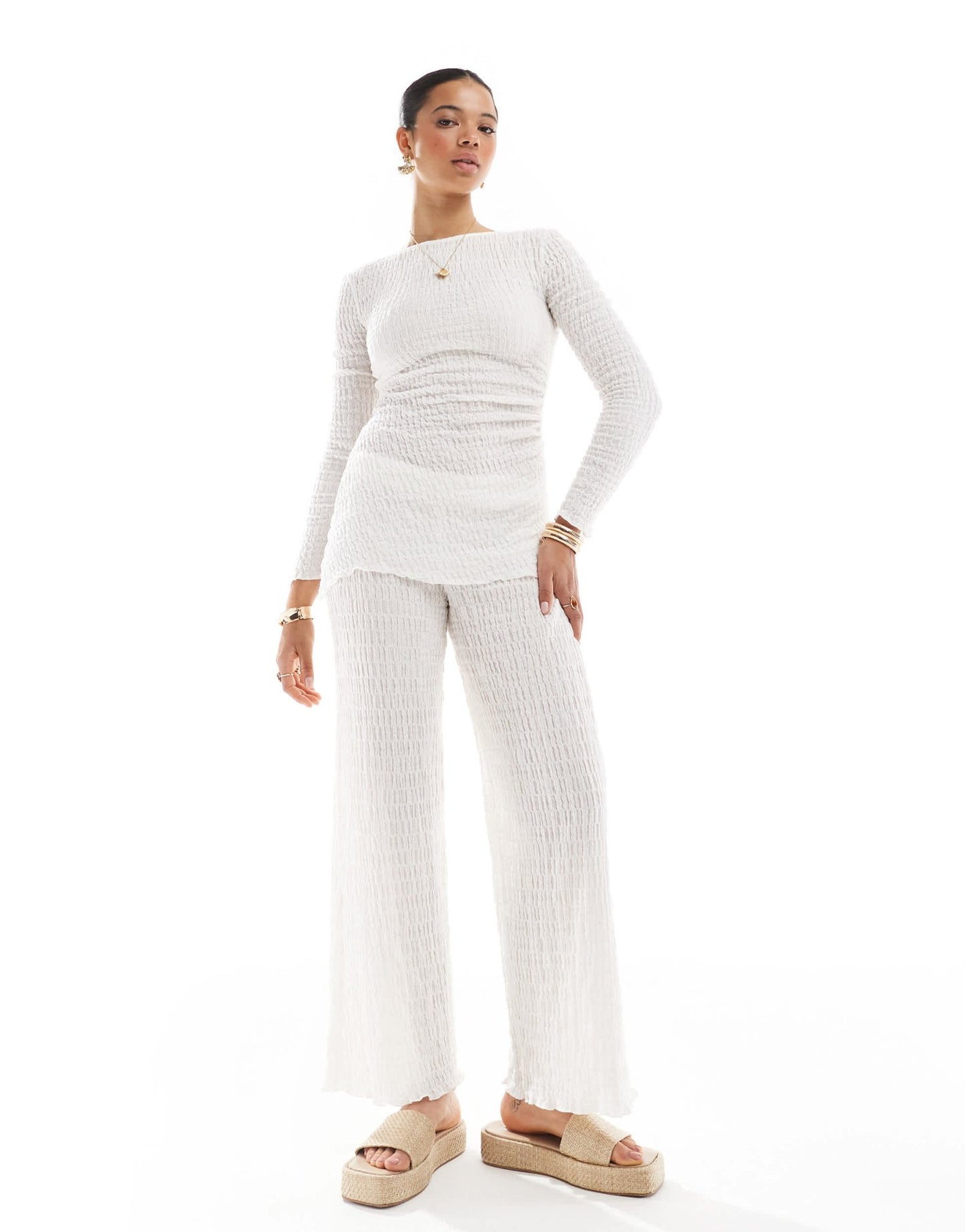 Pull&Bear textured wide leg trouser co-ord in ecru - ASOS Sample Sale