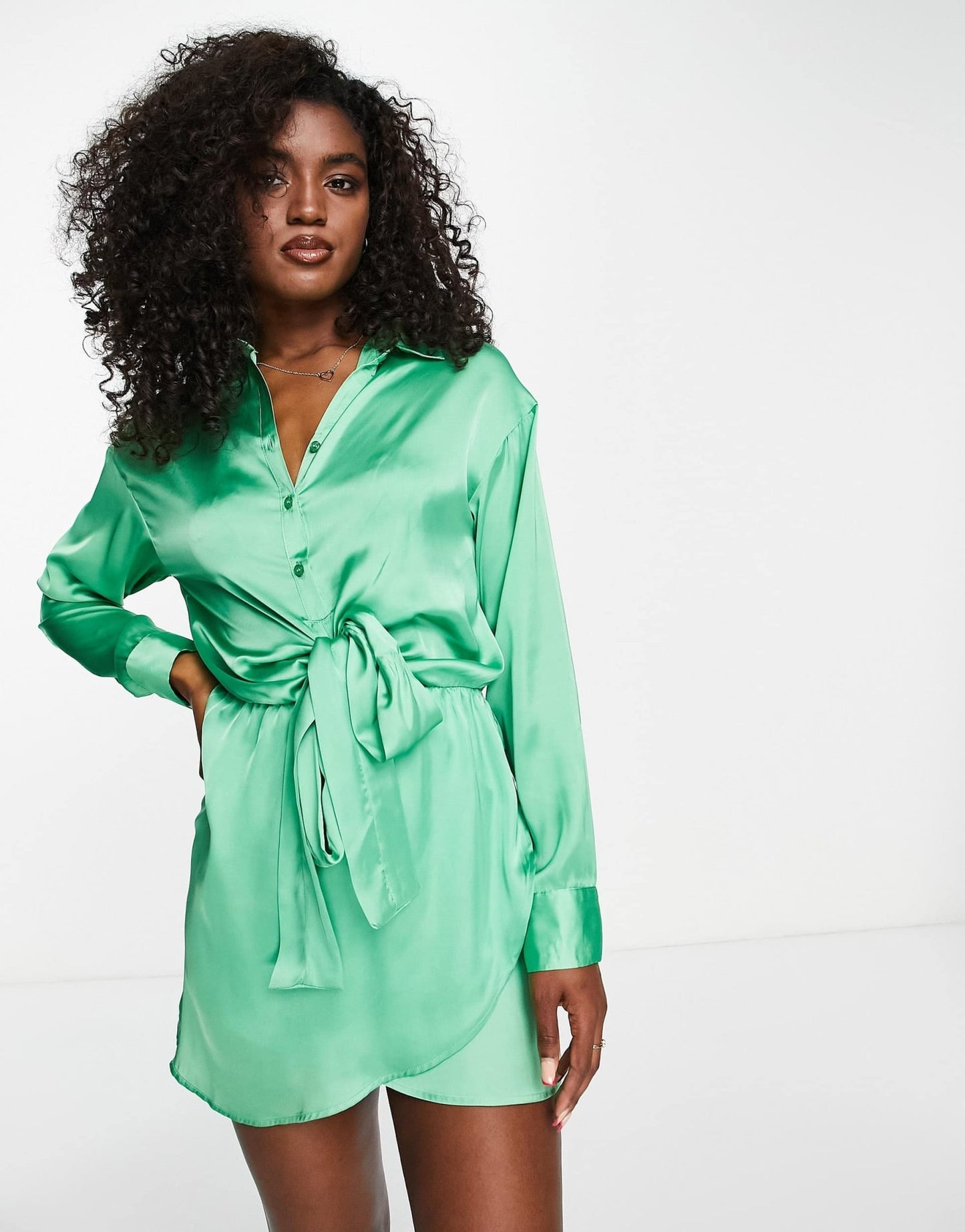 Pull&Bear tie front long sleeve satin mini shirt dress in green - ASOS Sample Sale