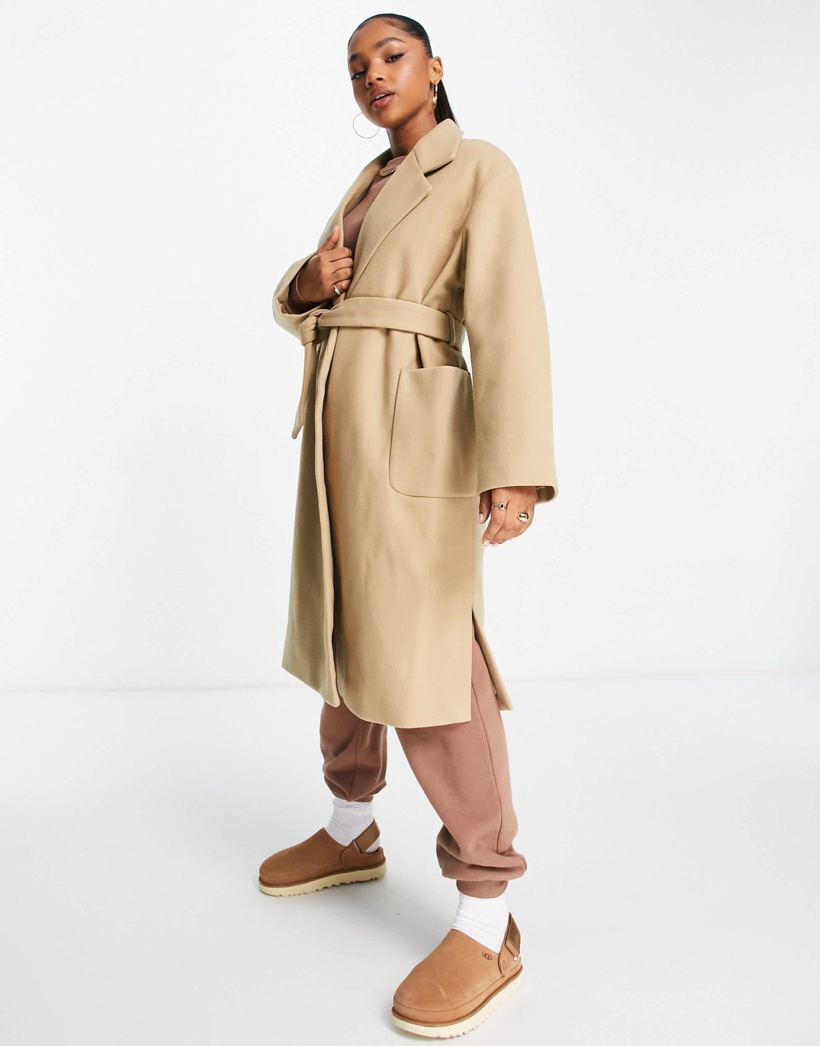 Pull&Bear tie waist double breasted tailored coat in sand - ASOS Sample Sale
