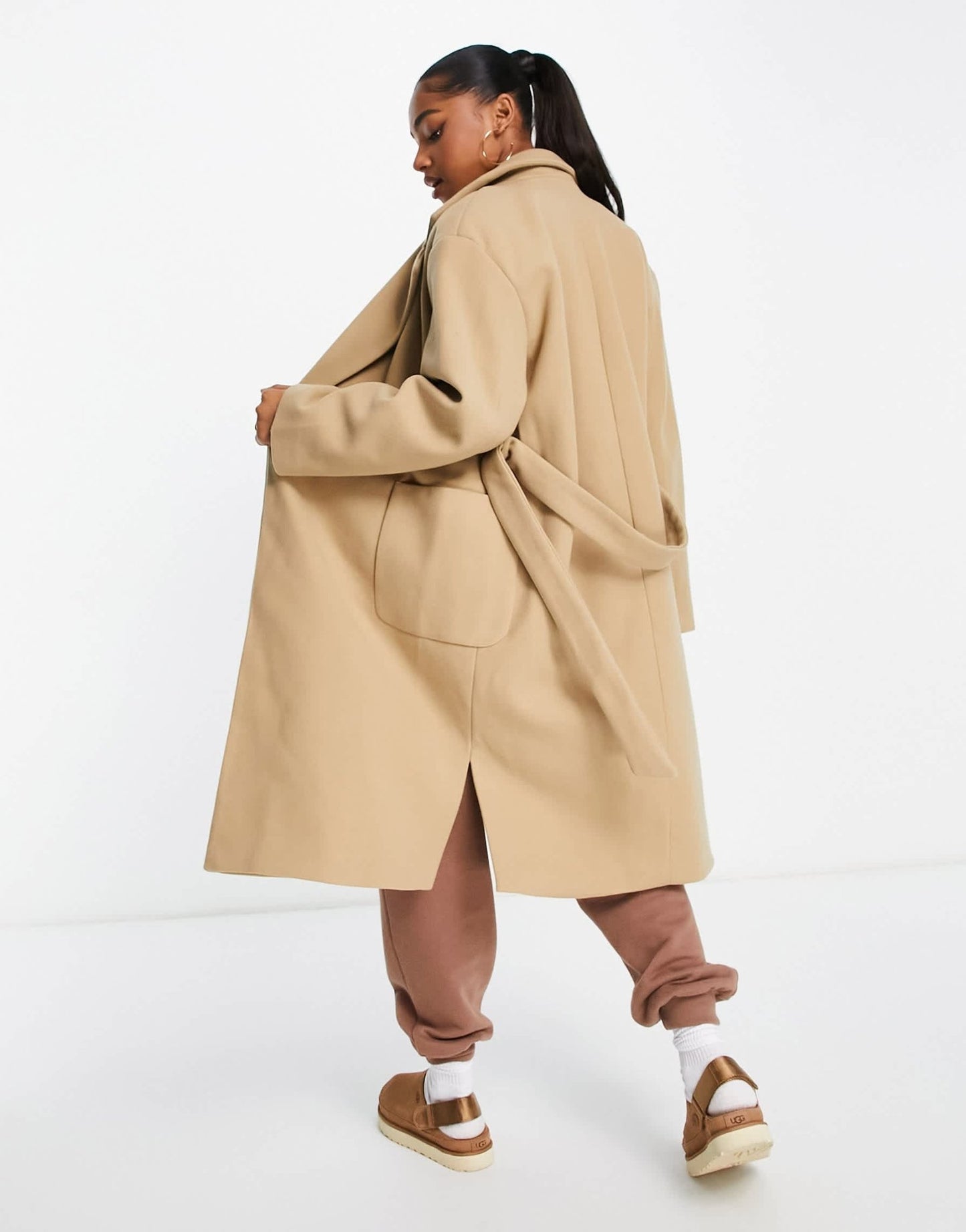 Pull&Bear tie waist double breasted tailored coat in sand - ASOS Sample Sale
