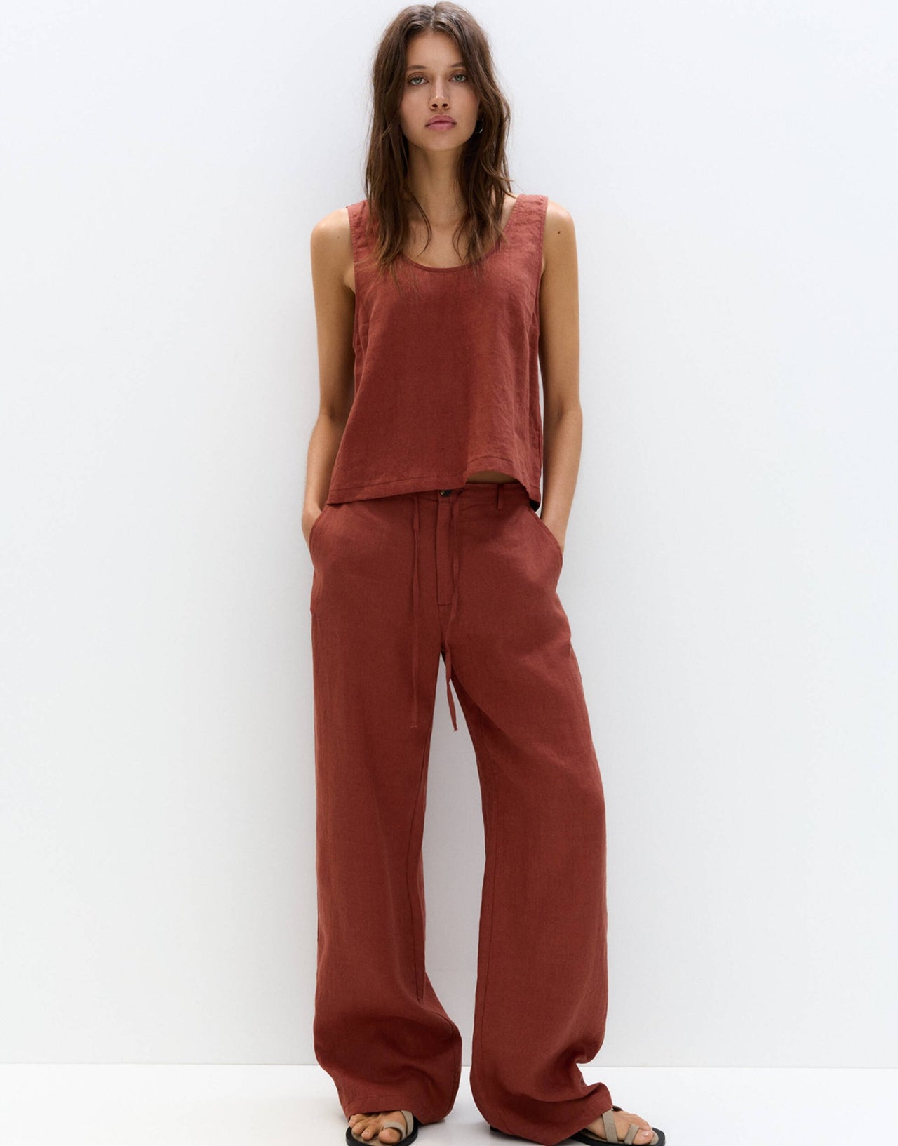 Pull&Bear tie waist wide leg linen trouser in orange - ASOS Sample Sale