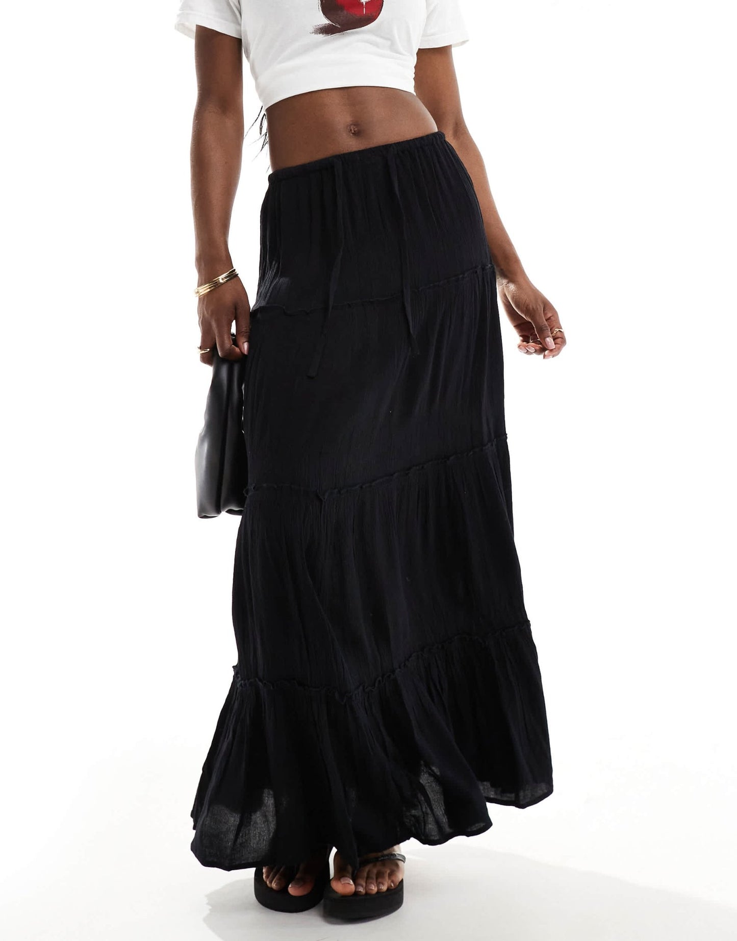 Pull&Bear tiered maxi skirt in black - ASOS Sample Sale