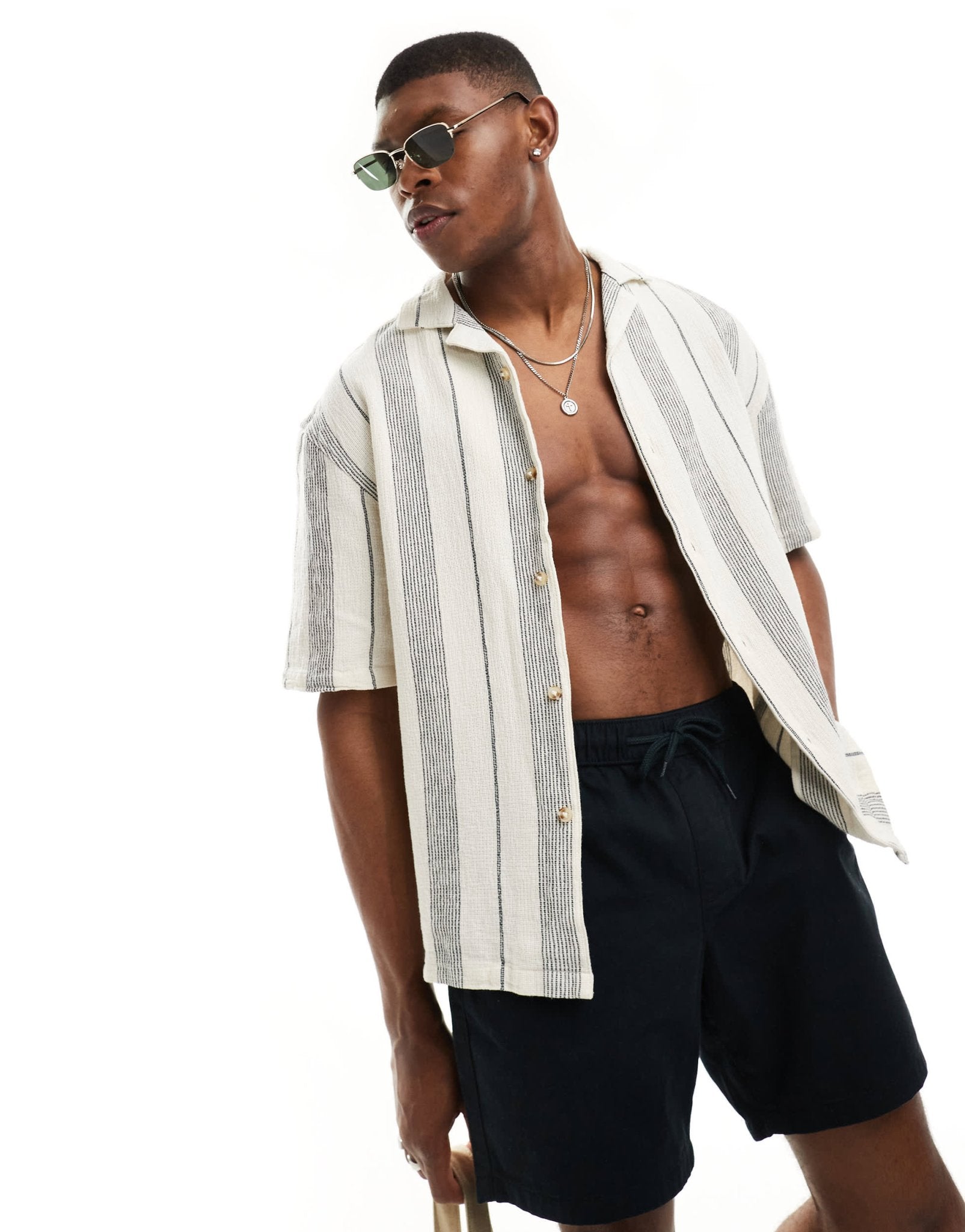 Pull&Bear vertical stripe shirt in ecru - ASOS Sample Sale