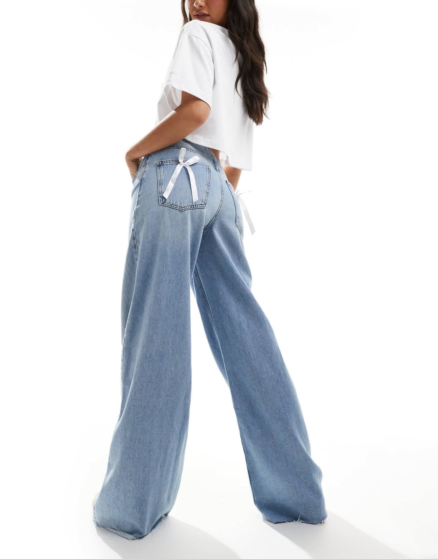 Pull&Bear wide fit bow detail jeans in mid blue - ASOS Sample Sale