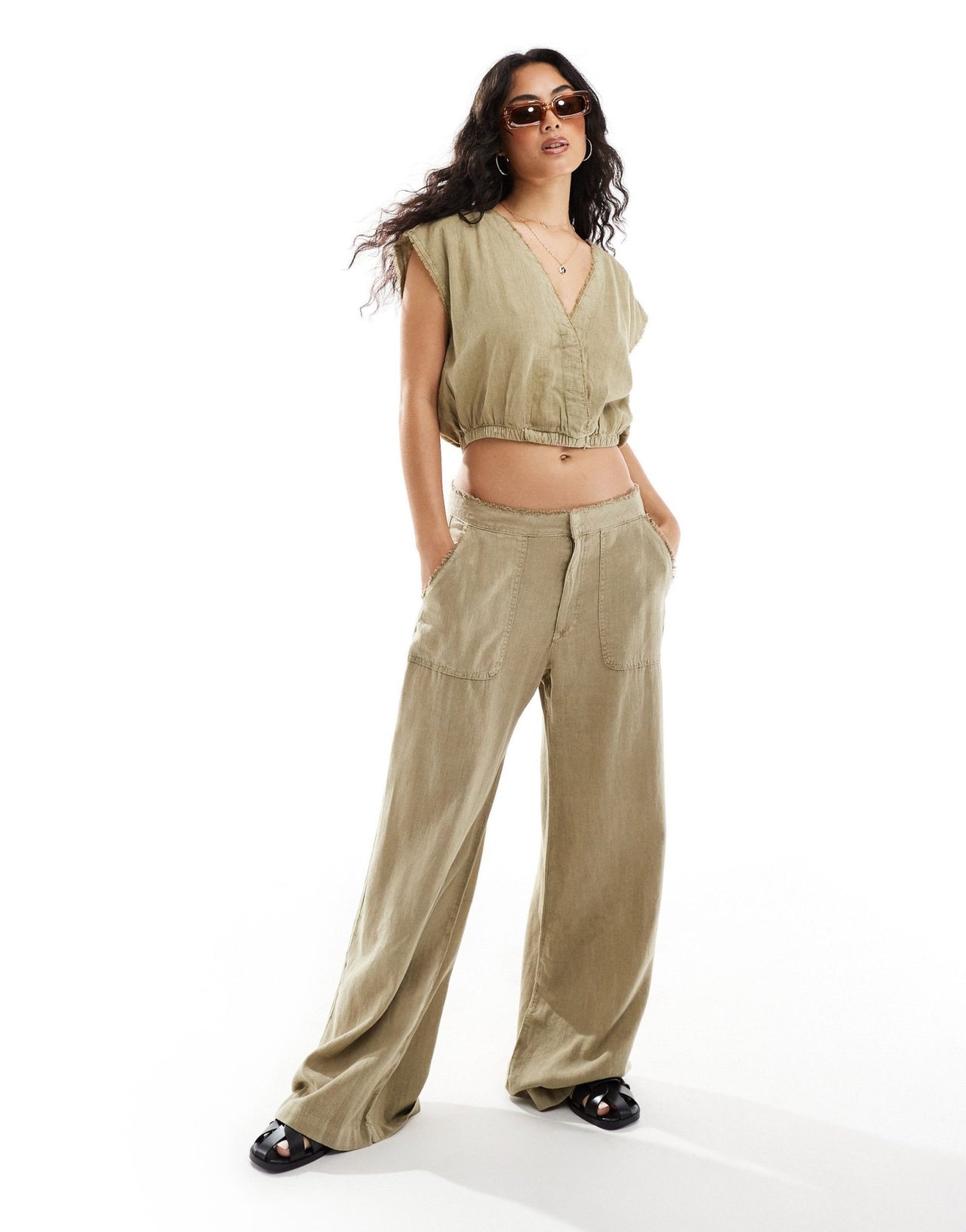 Pull&Bear wide leg linen trouser co-ord with raw hem in light khaki - ASOS Sample Sale