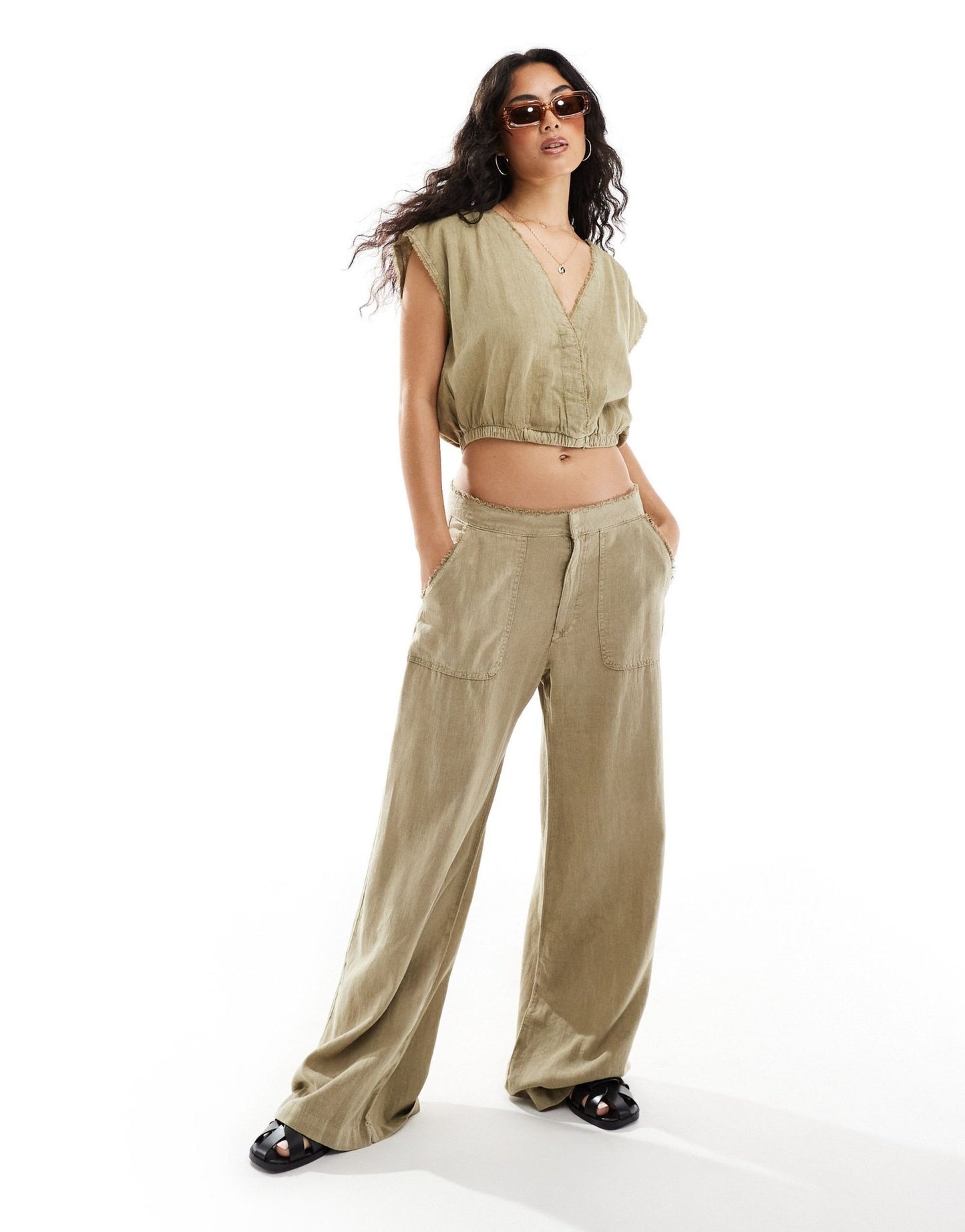 Pull&Bear wide leg linen trouser co-ord with raw hem in light khaki - ASOS Sample Sale