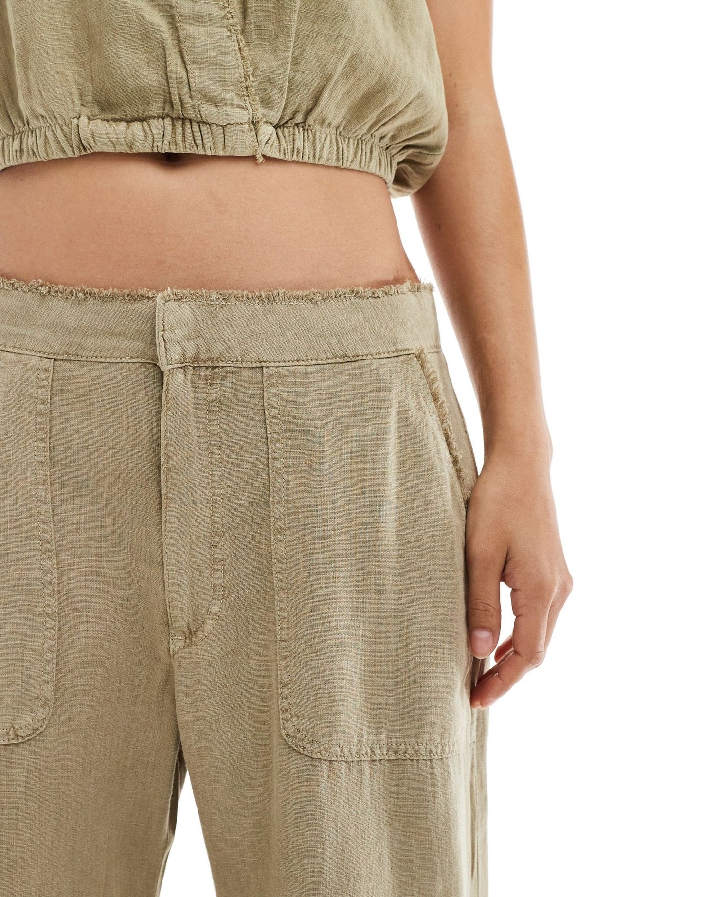 Pull&Bear wide leg linen trouser co-ord with raw hem in light khaki - ASOS Sample Sale