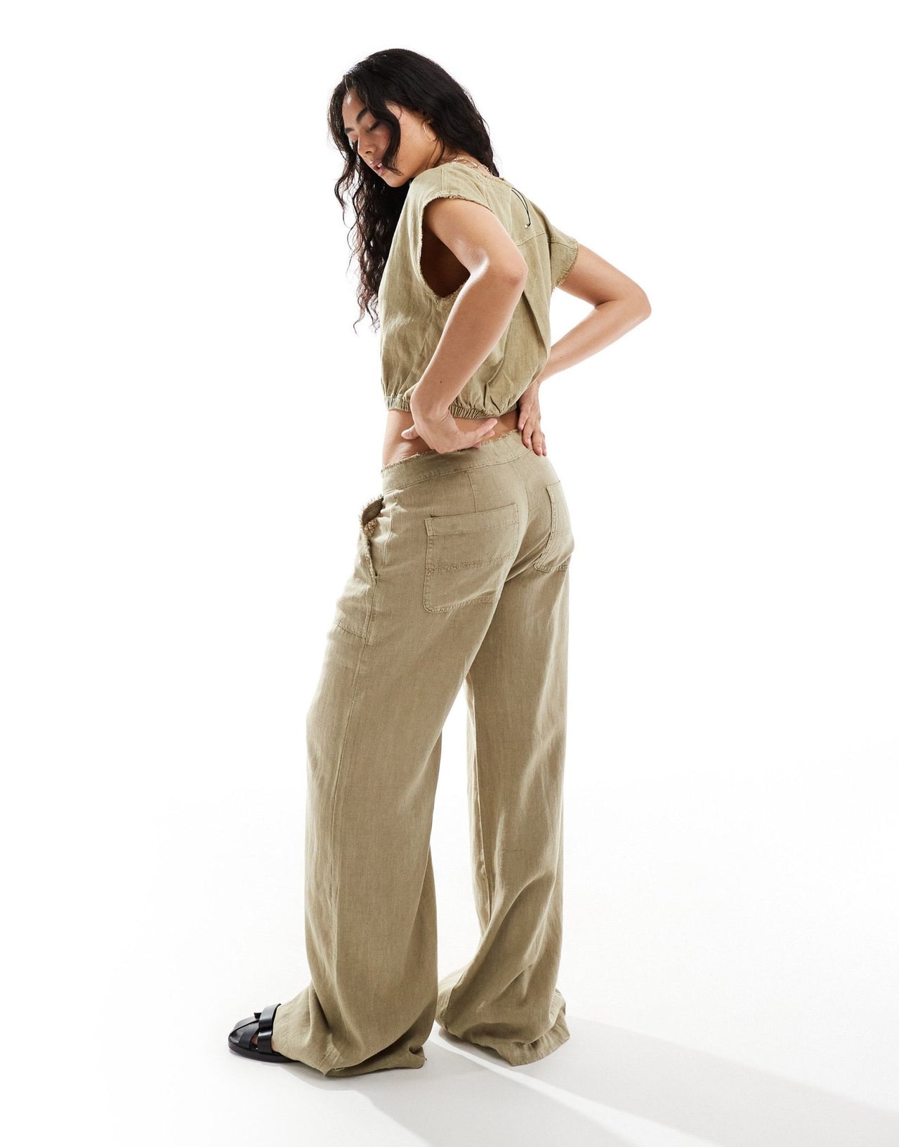 Pull&Bear wide leg linen trouser co-ord with raw hem in light khaki - ASOS Sample Sale