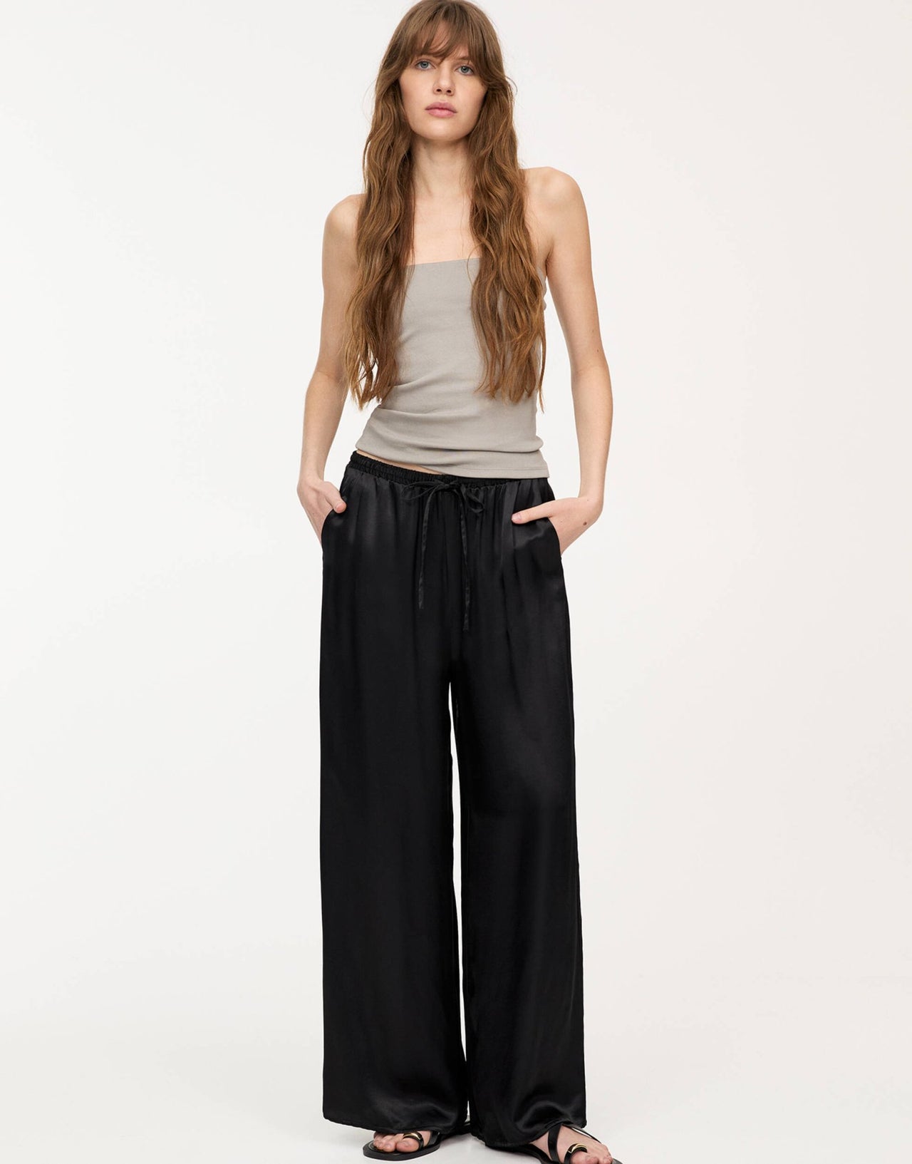 Pull&Bear wide leg satin joggers in black - ASOS Sample Sale