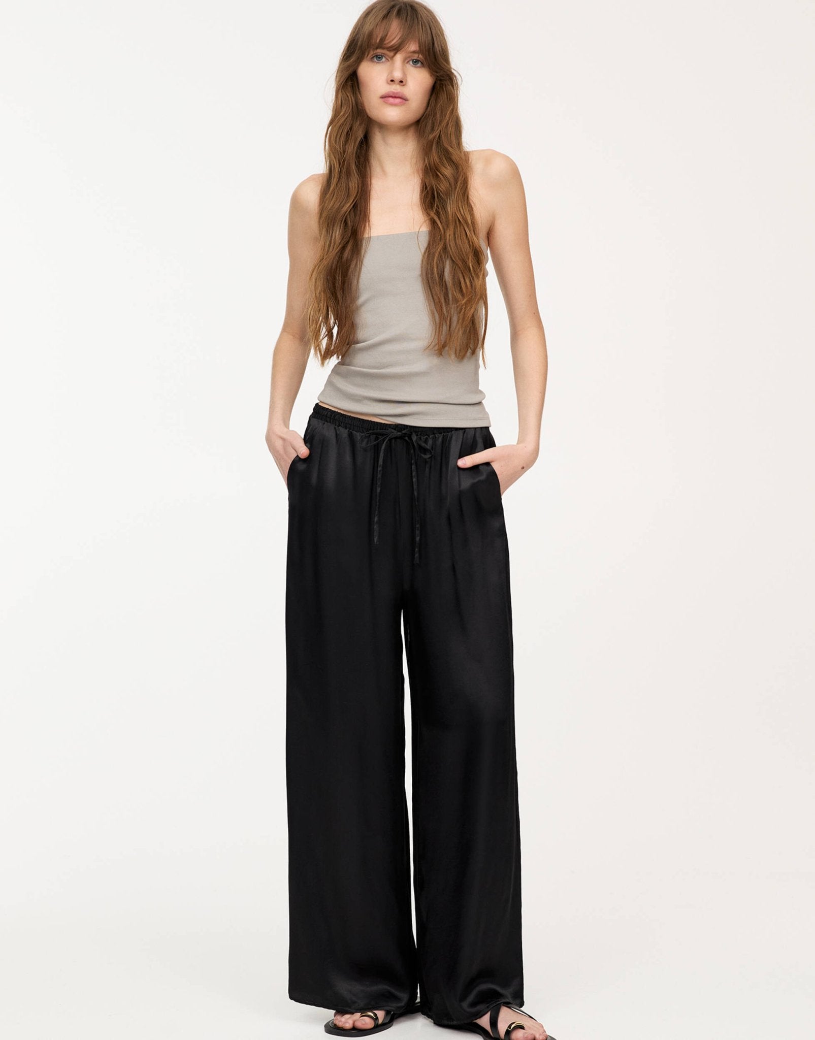 Pull&Bear wide leg satin joggers in black - ASOS Sample Sale