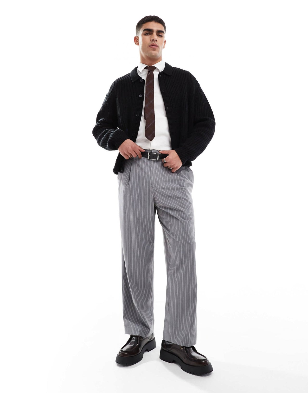 Pull&Bear wide leg tailored stripe trouser in grey - ASOS Sample Sale
