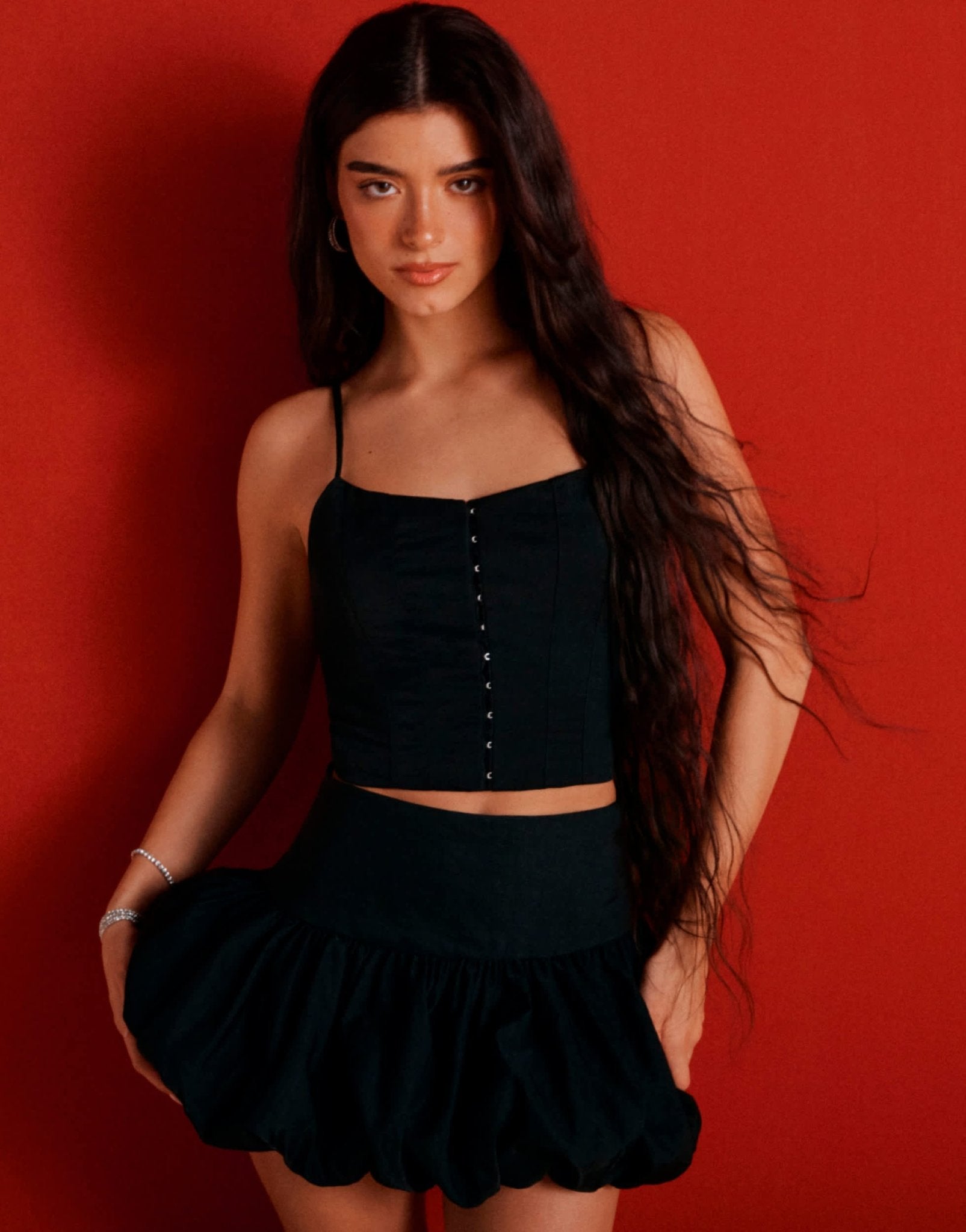 Pull&Bear x Dixie D'Amelio hook and eye co-ord top in black - ASOS Sample Sale