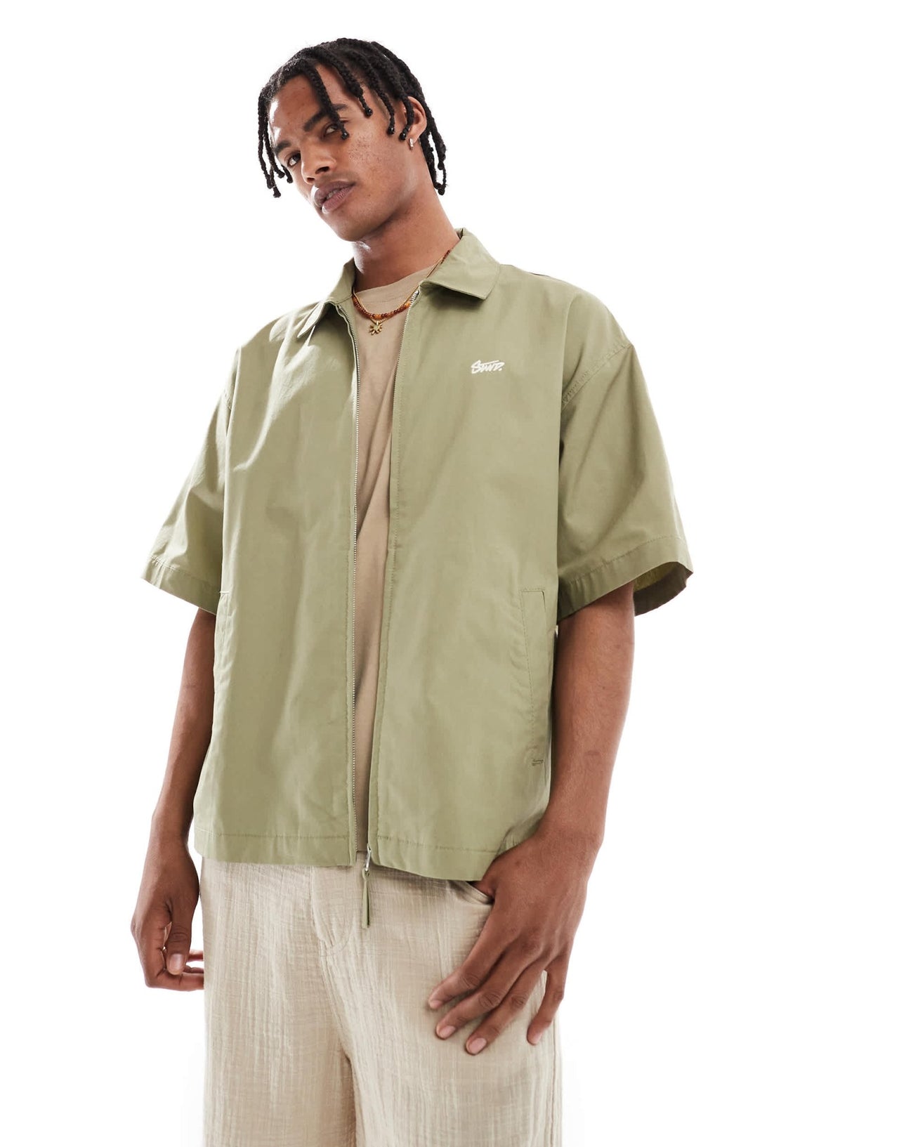 Pull&Bear zip through shirt in khaki - ASOS Sample Sale