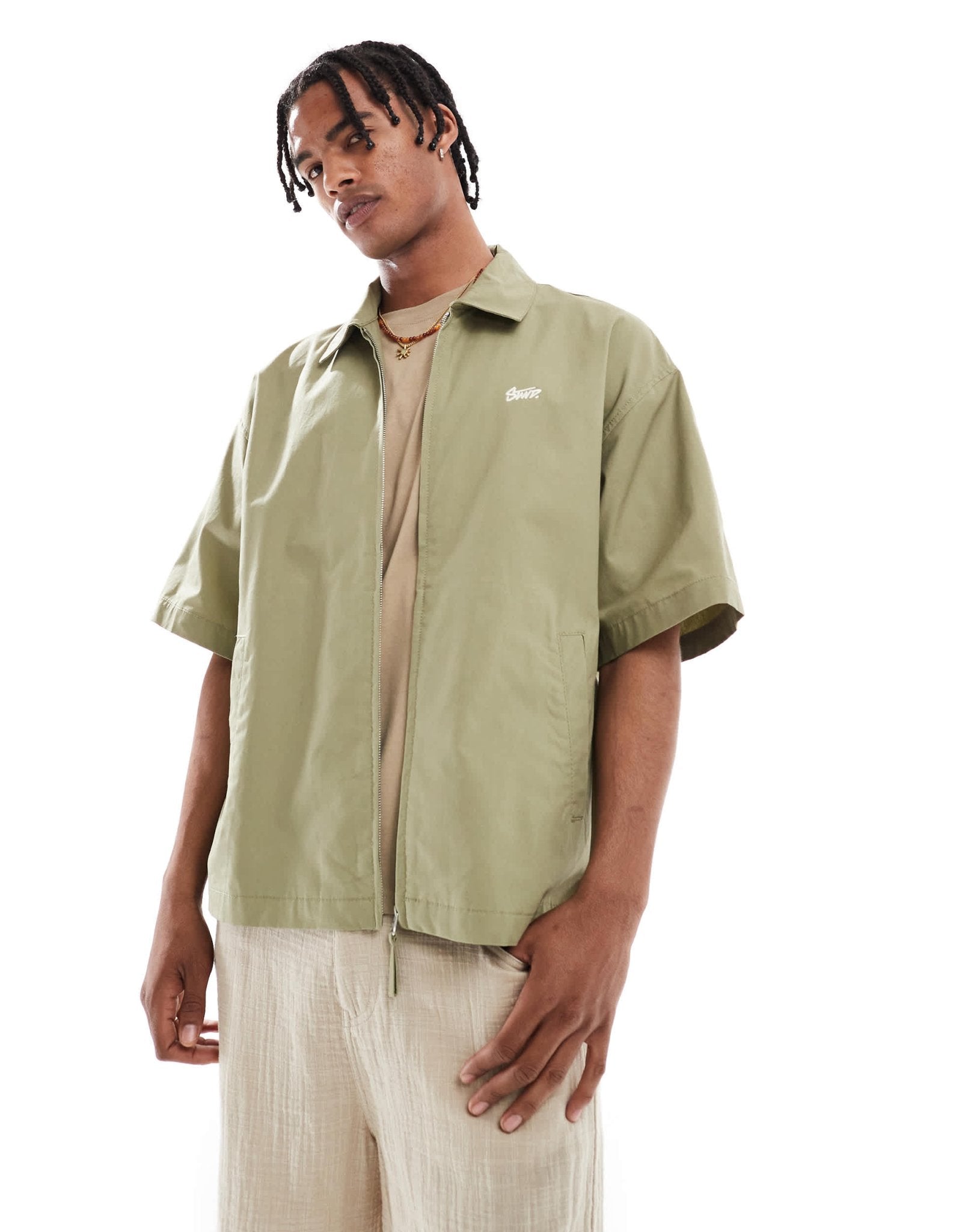 Pull&Bear zip through shirt in khaki - ASOS Sample Sale