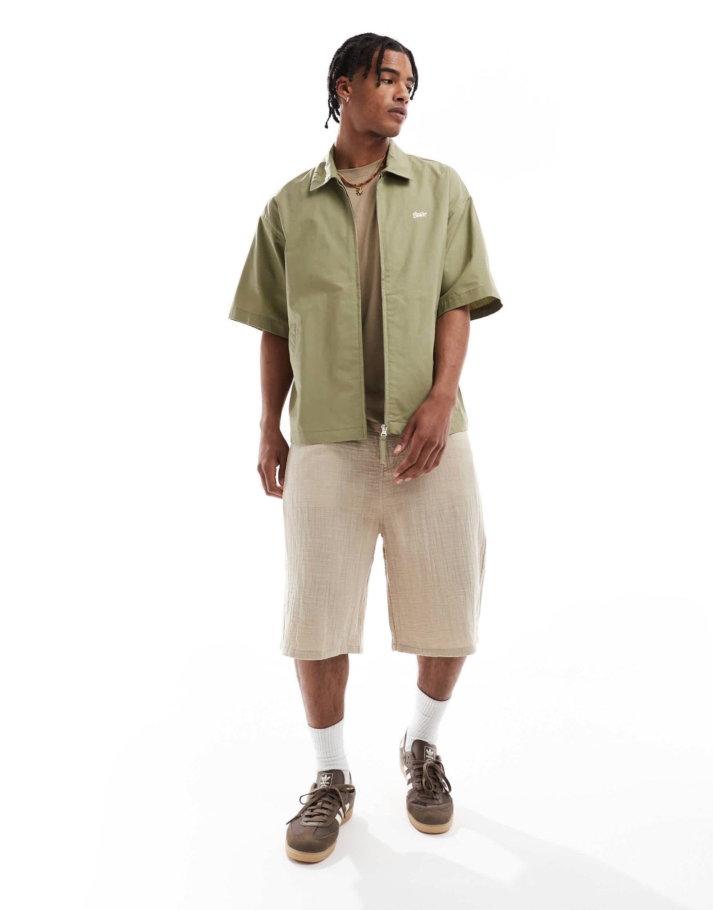 Pull&Bear zip through shirt in khaki - ASOS Sample Sale