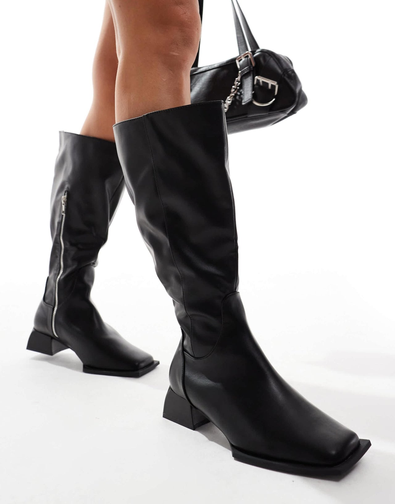 RAID Wide Fit Elixir knee boots with square toe in black - ASOS Sample Sale