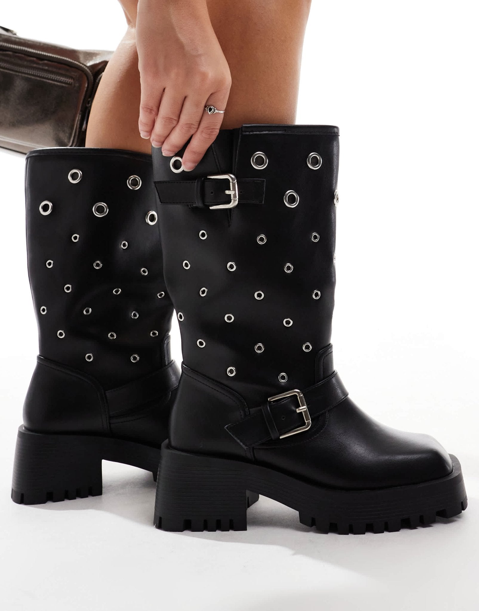 RAID Wide Fit Jaanvi biker knee boots with eyelets in black - ASOS Sample Sale