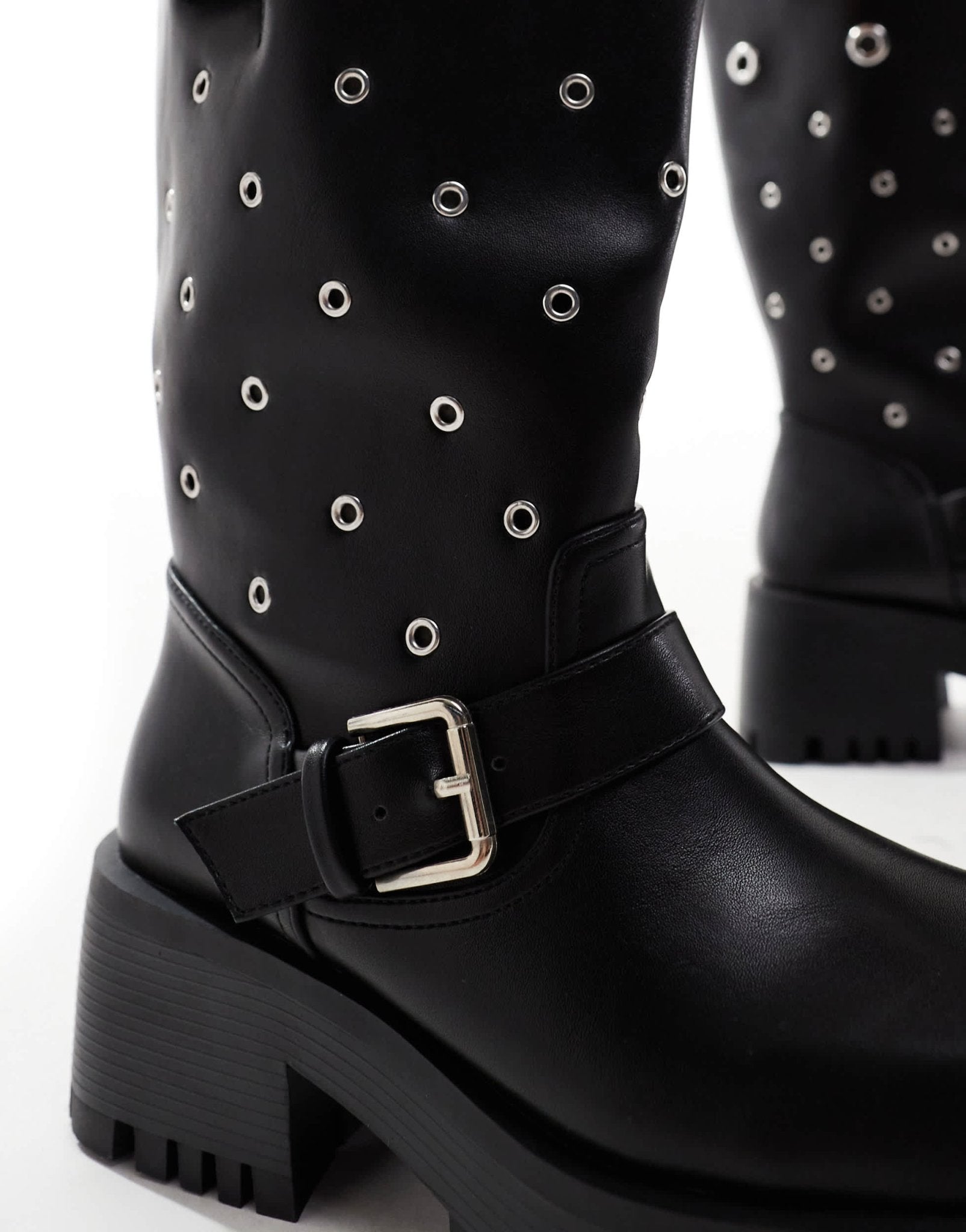 RAID Wide Fit Jaanvi biker knee boots with eyelets in black - ASOS Sample Sale