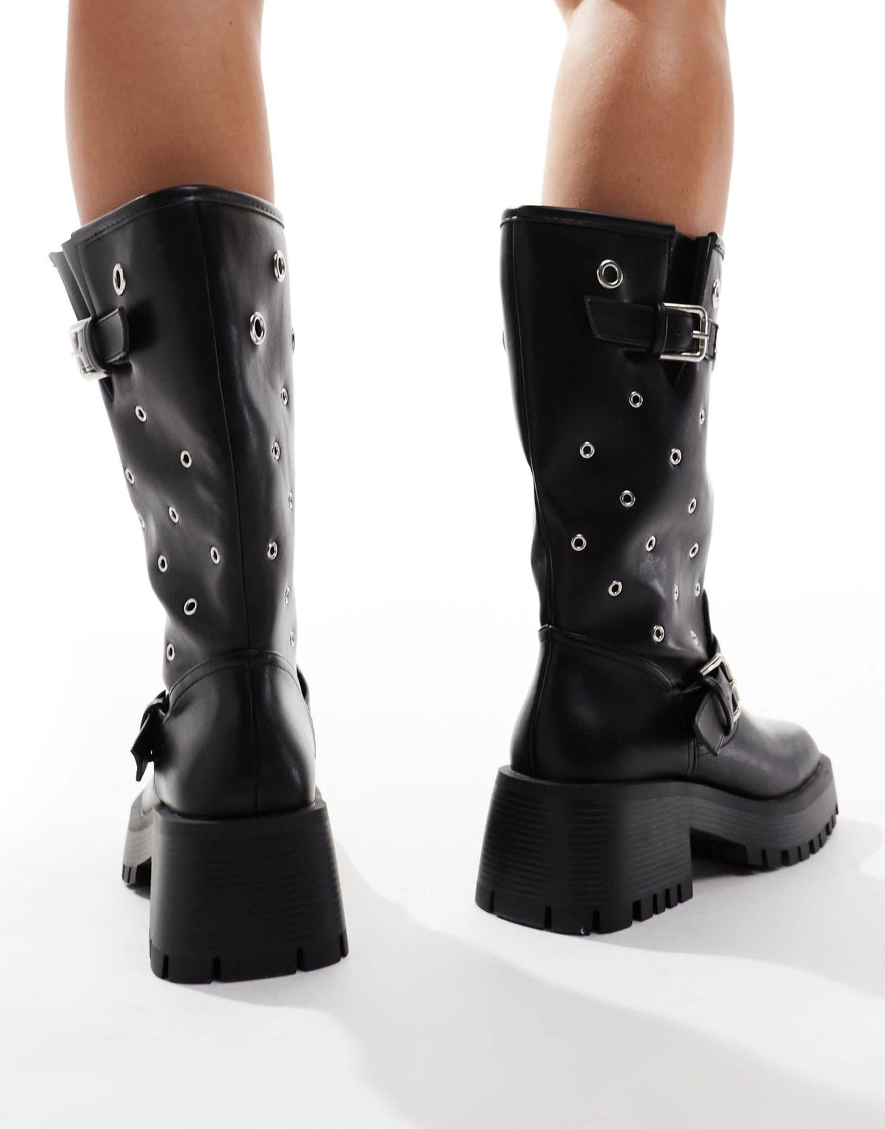 RAID Wide Fit Jaanvi biker knee boots with eyelets in black - ASOS Sample Sale