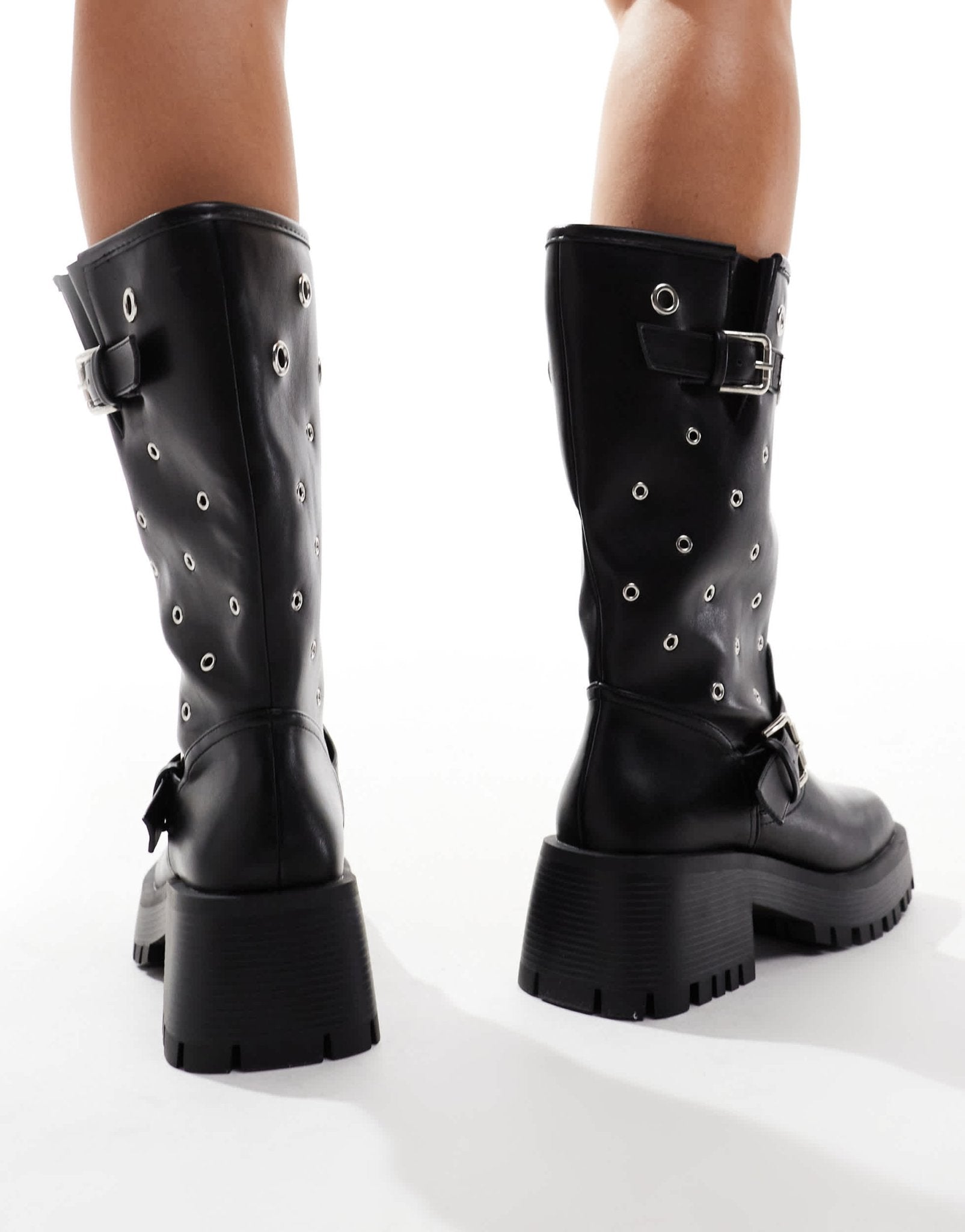 RAID Wide Fit Jaanvi biker knee boots with eyelets in black - ASOS Sample Sale