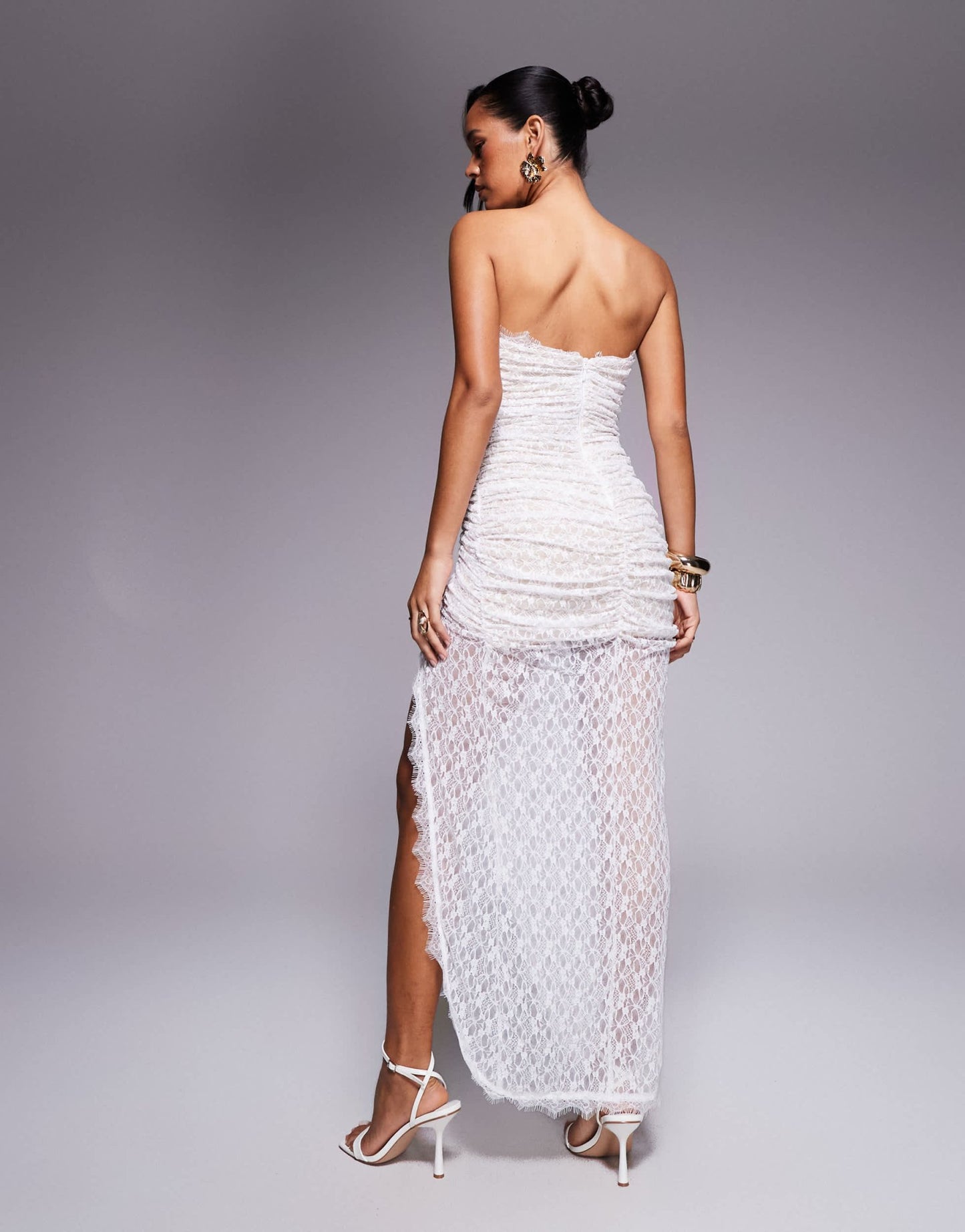 Rare London bandeau thigh split ruched drape detail lace maxi dress in ivory - ASOS Sample Sale