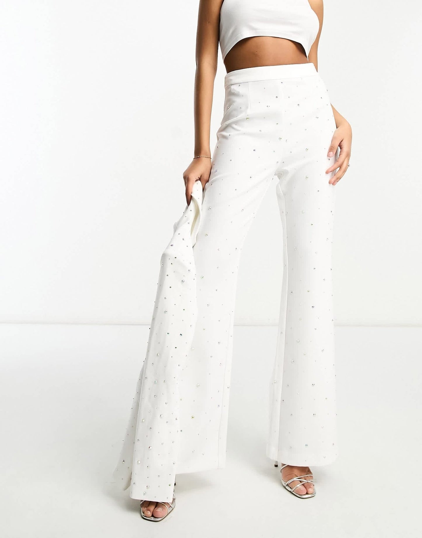 Rare London diamante embellished flared trousers co-ord in white - ASOS Sample Sale