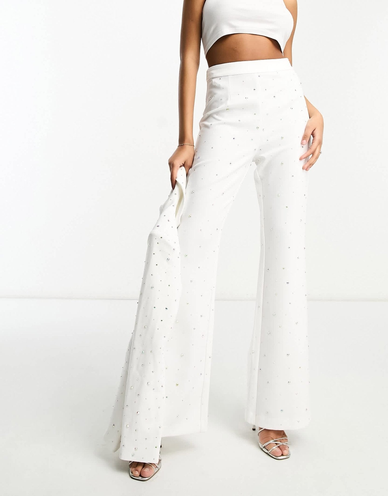 Rare London diamante embellished flared trousers co-ord in white - ASOS Sample Sale