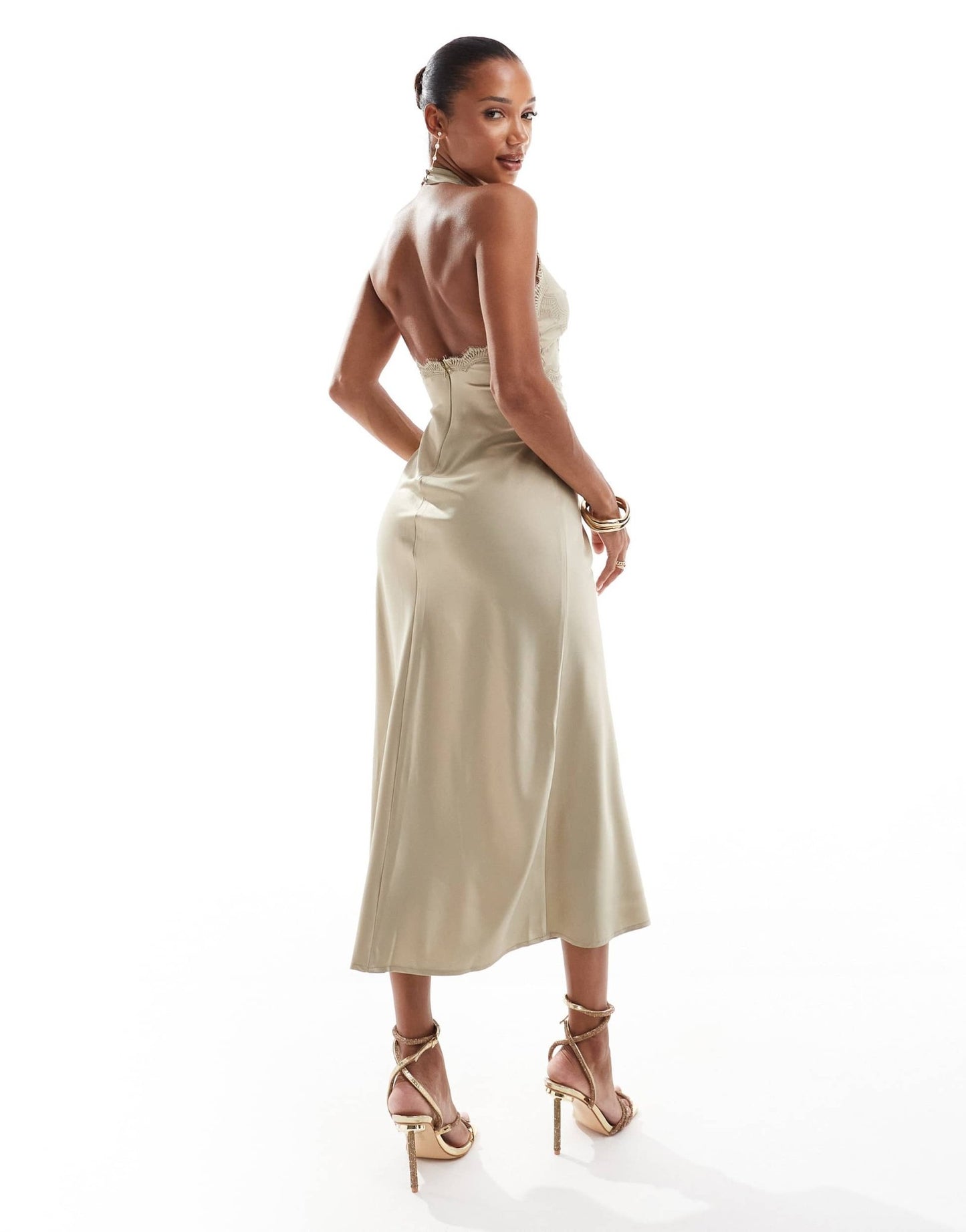 Rare London lace trim satin midaxi dress in olive - ASOS Sample Sale