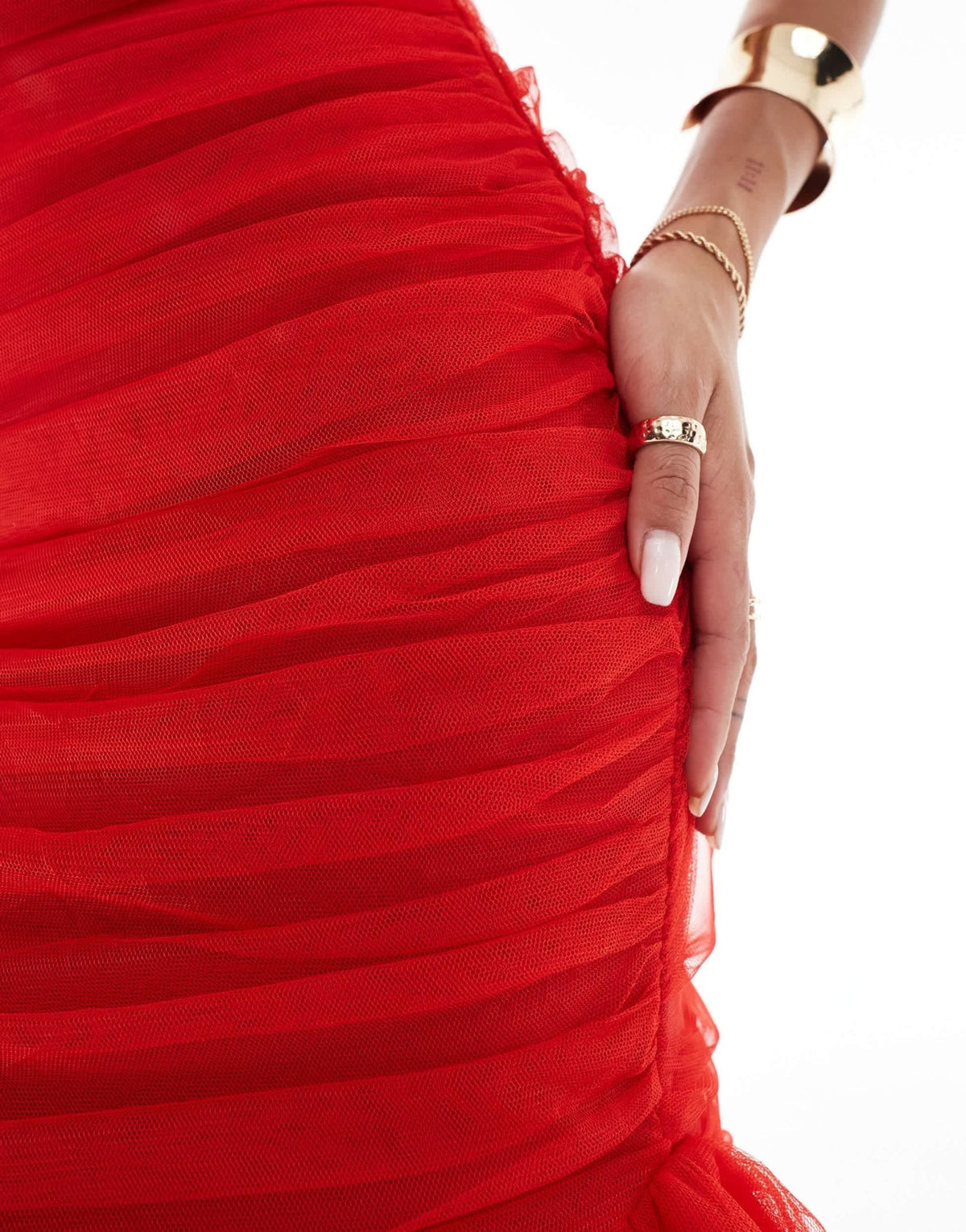 Rare London mesh sweetheart bandeau midi dress with asymmetric hem in red - ASOS Sample Sale