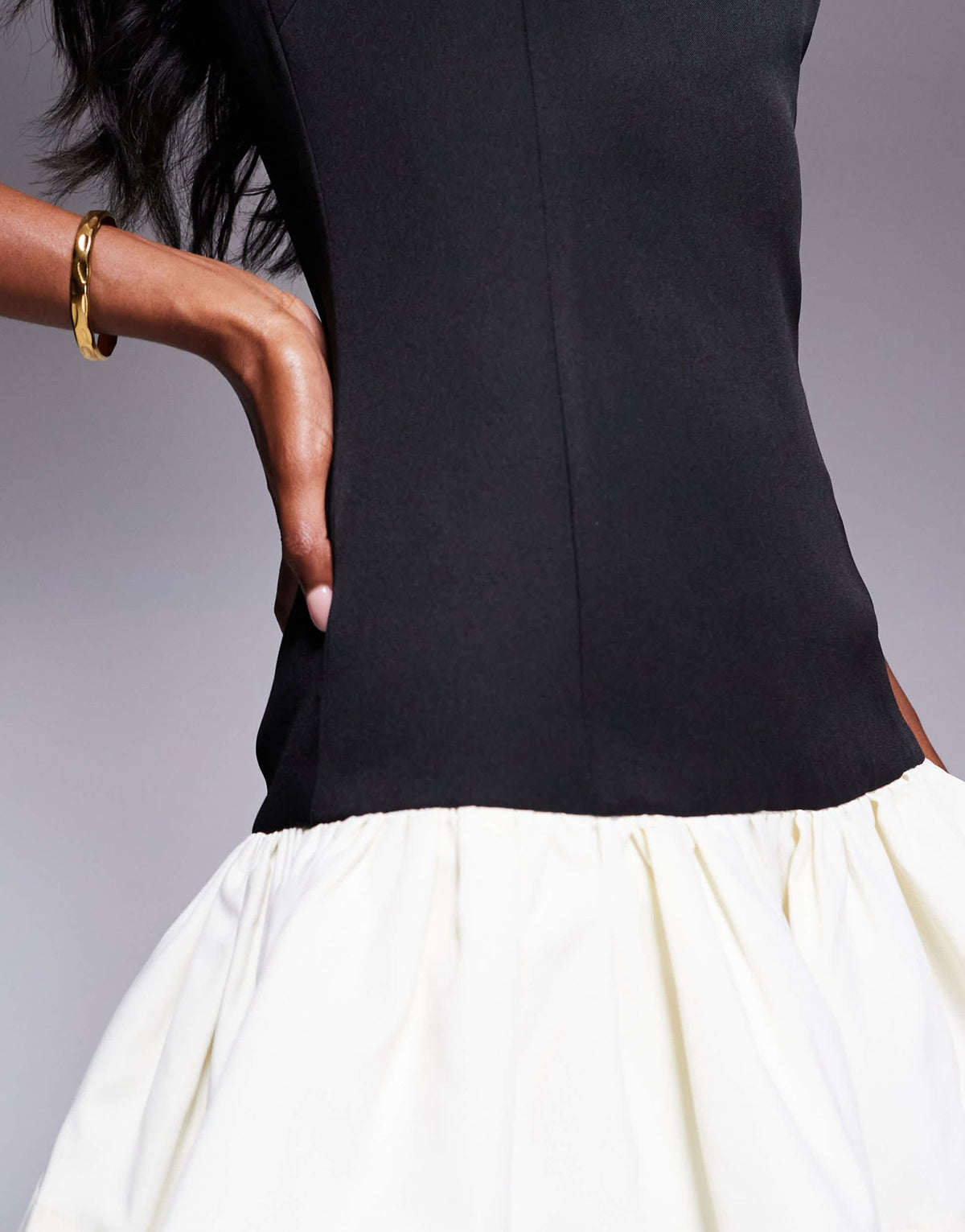 Rare London satin bandeau contrast ruffle bottom mini dress in black & white - ASOS Sample Sale