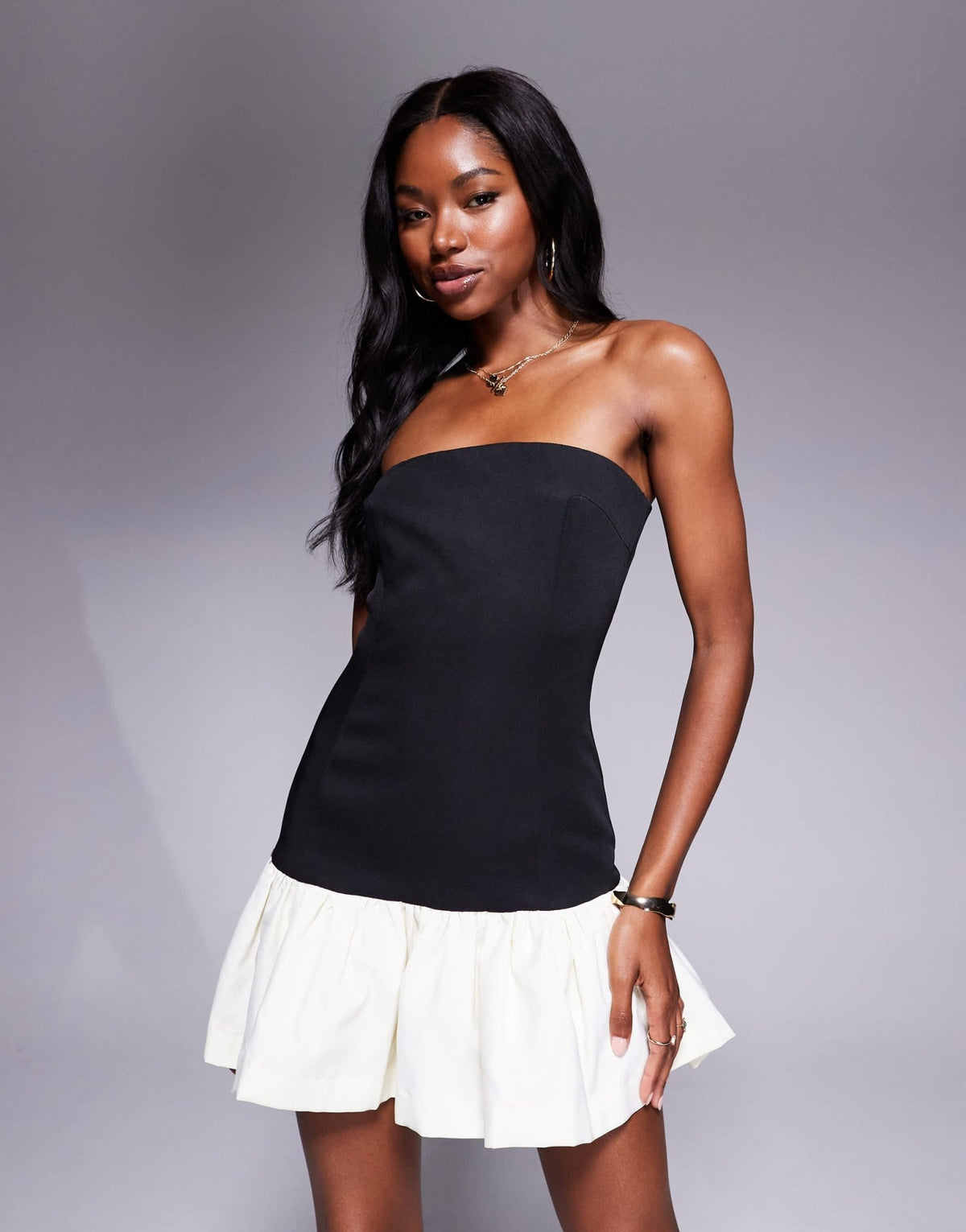 Rare London satin bandeau contrast ruffle bottom mini dress in black & white - ASOS Sample Sale