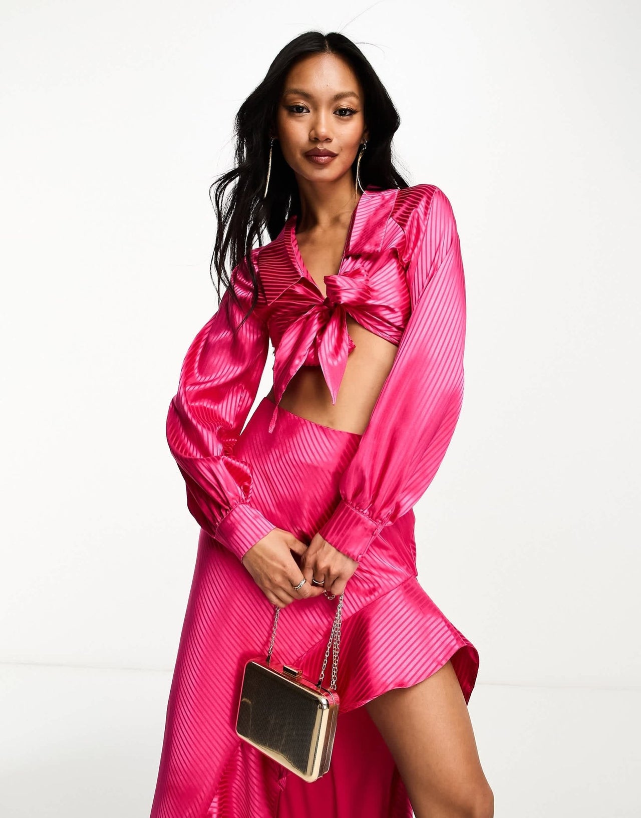 Rare London satin stripe tie detail cropped shirt co - ord in hot pink - ASOS Sample Sale