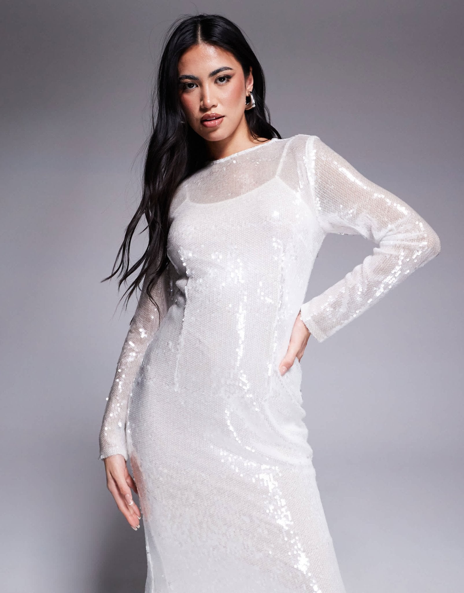 Rare London sequin long sleeve maxi dress in white - ASOS Sample Sale