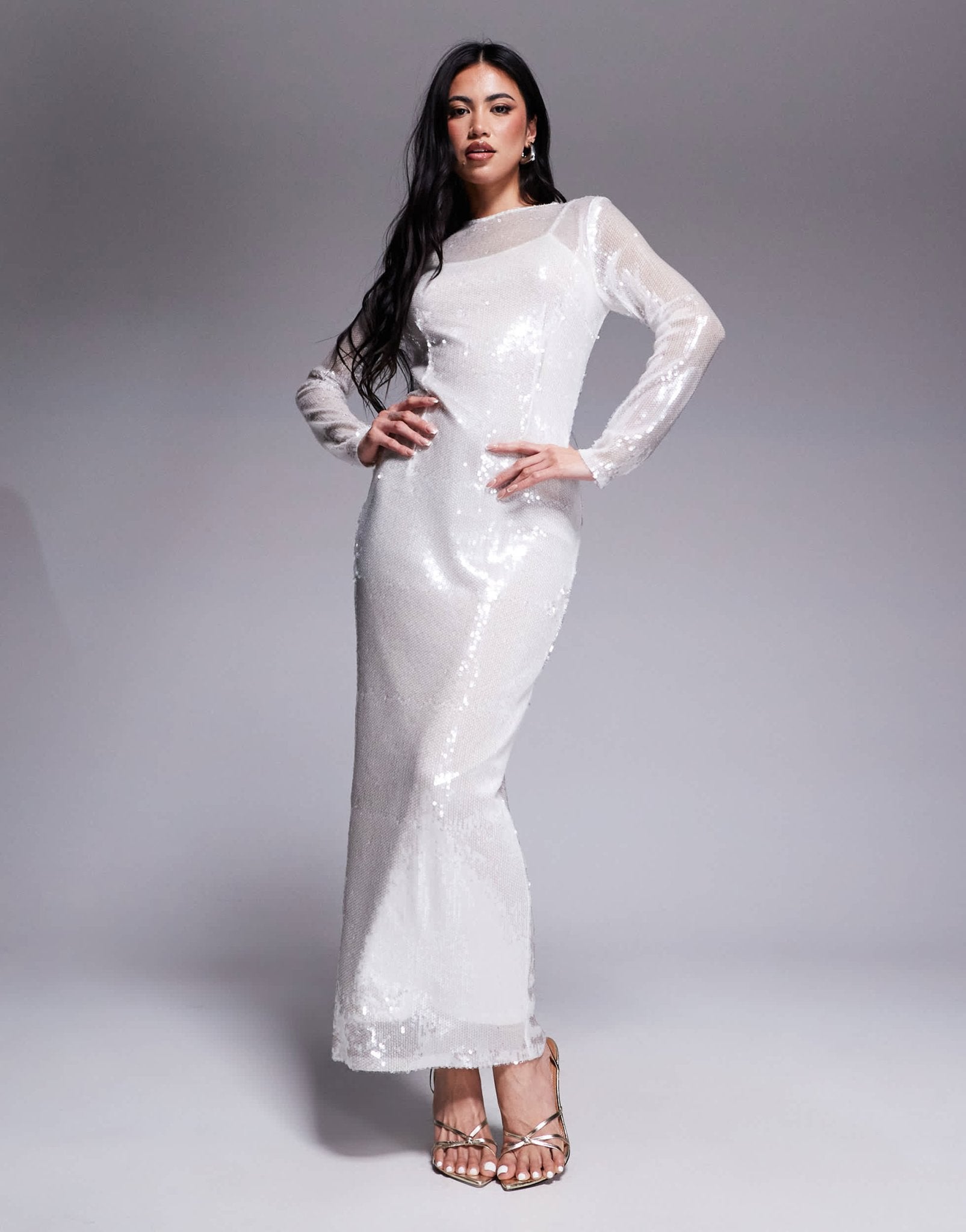 Rare London sequin long sleeve maxi dress in white - ASOS Sample Sale