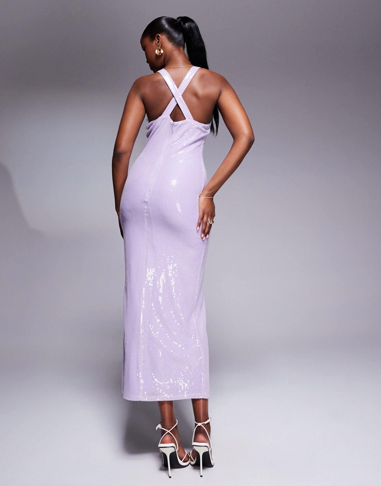 Rare London sequin racerneck cross back maxi dress in lilac - ASOS Sample Sale