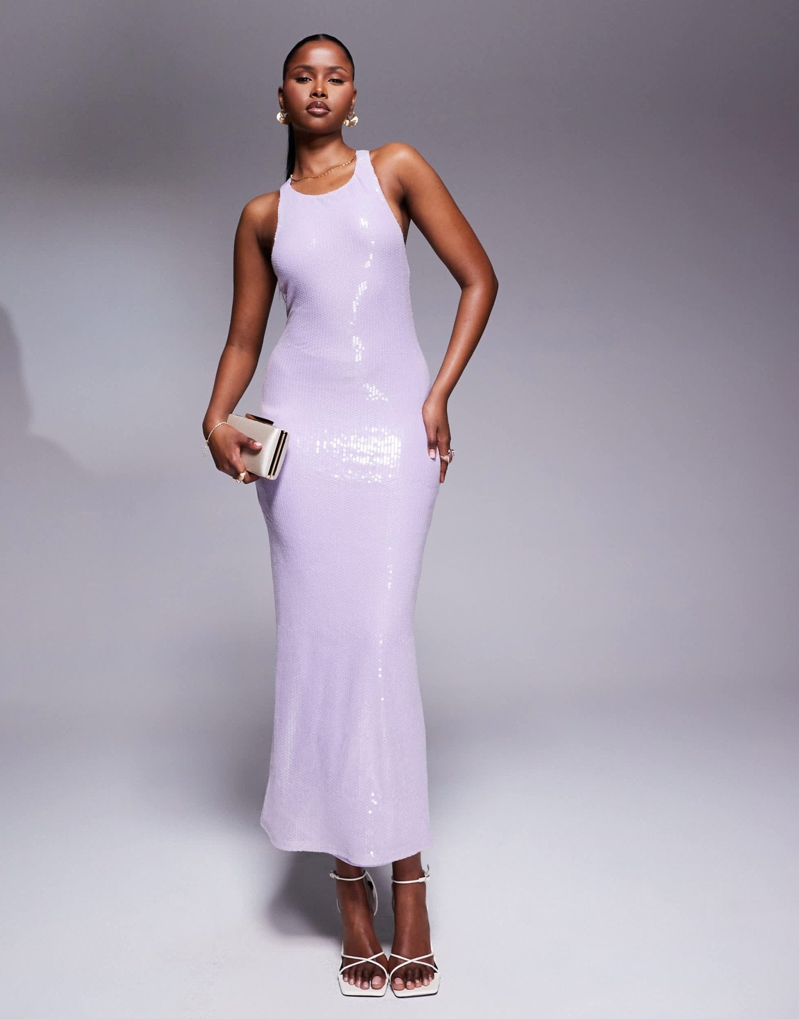 Rare London sequin racerneck cross back maxi dress in lilac - ASOS Sample Sale