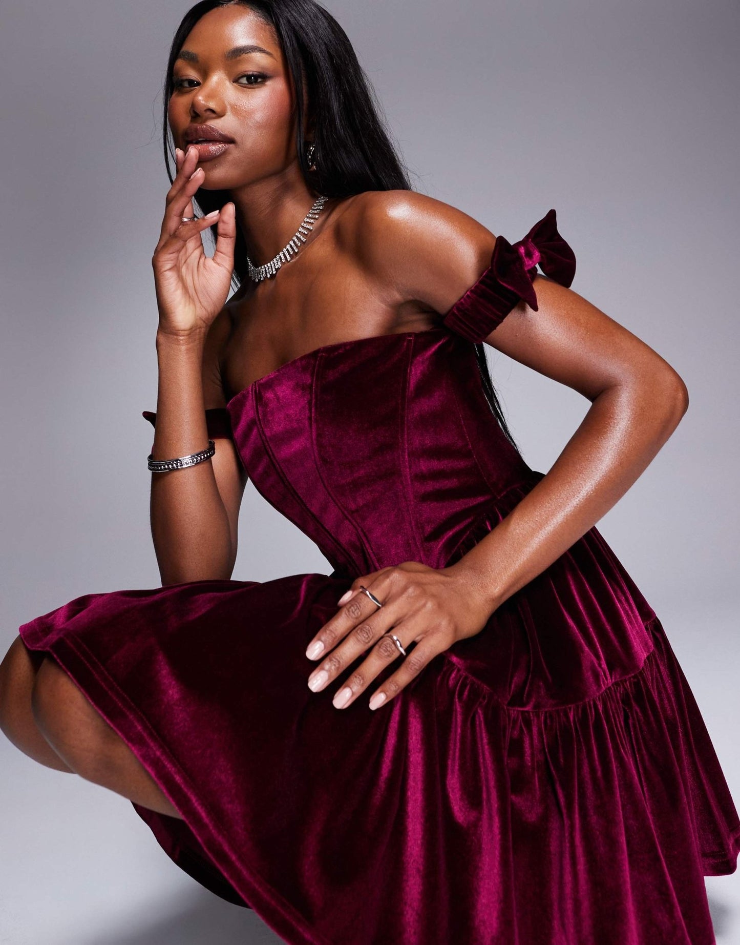 Rare London velvet bandeau bow sleeve dropped waist mini dress in burgundy - ASOS Sample Sale