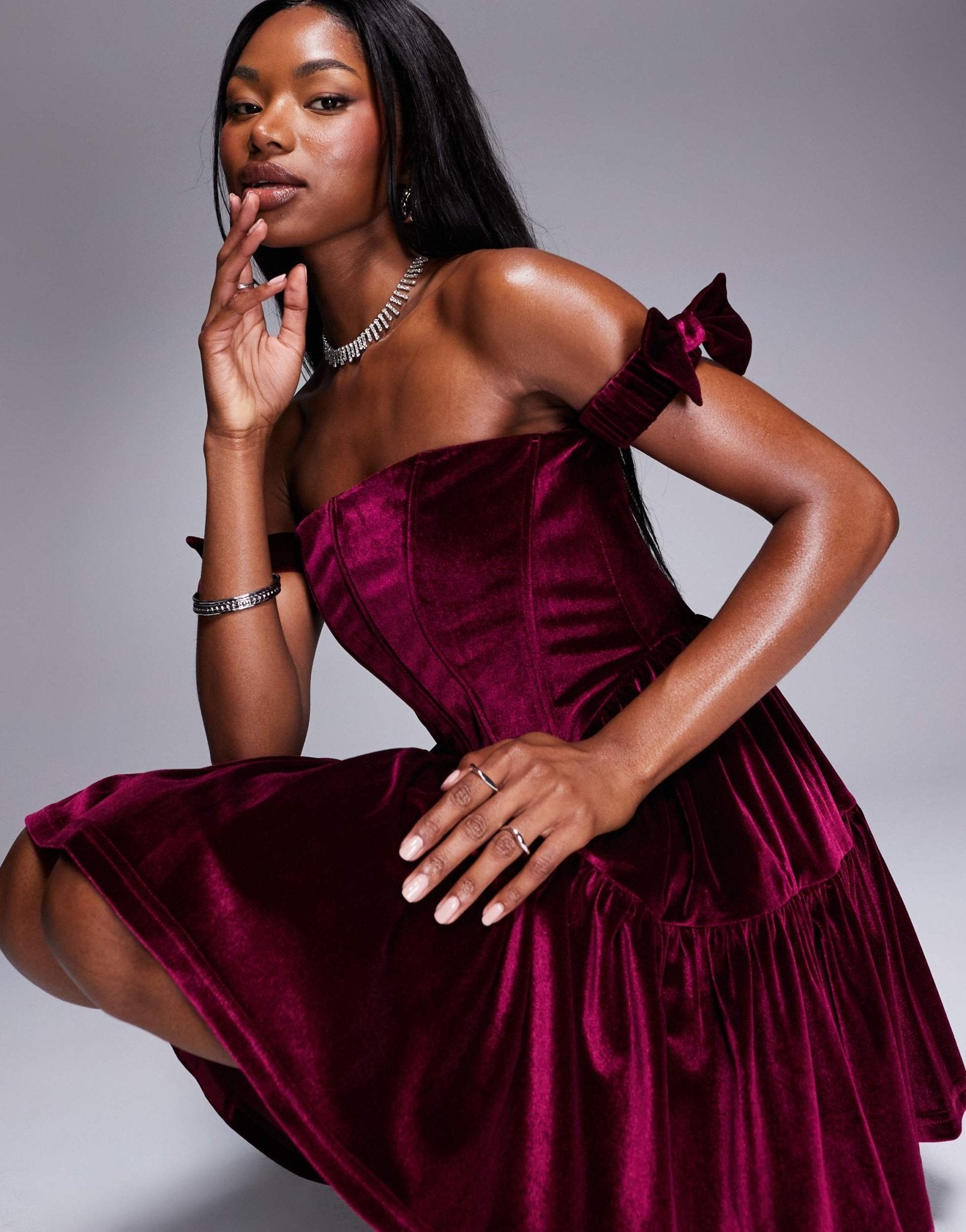Rare London velvet bandeau bow sleeve dropped waist mini dress in burgundy - ASOS Sample Sale
