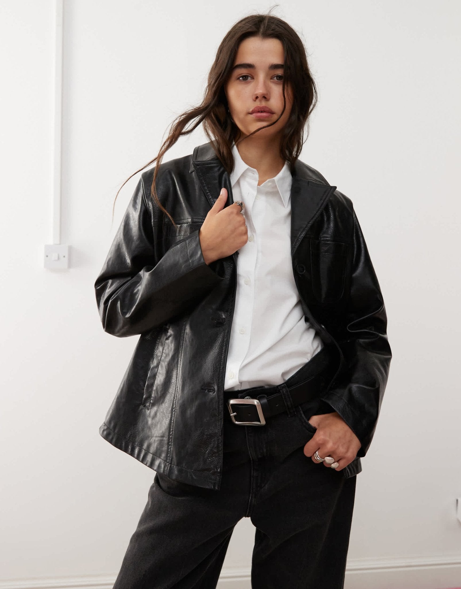Reclaimed Vintage 90s washed leather look blazer coat in black - ASOS Sample Sale