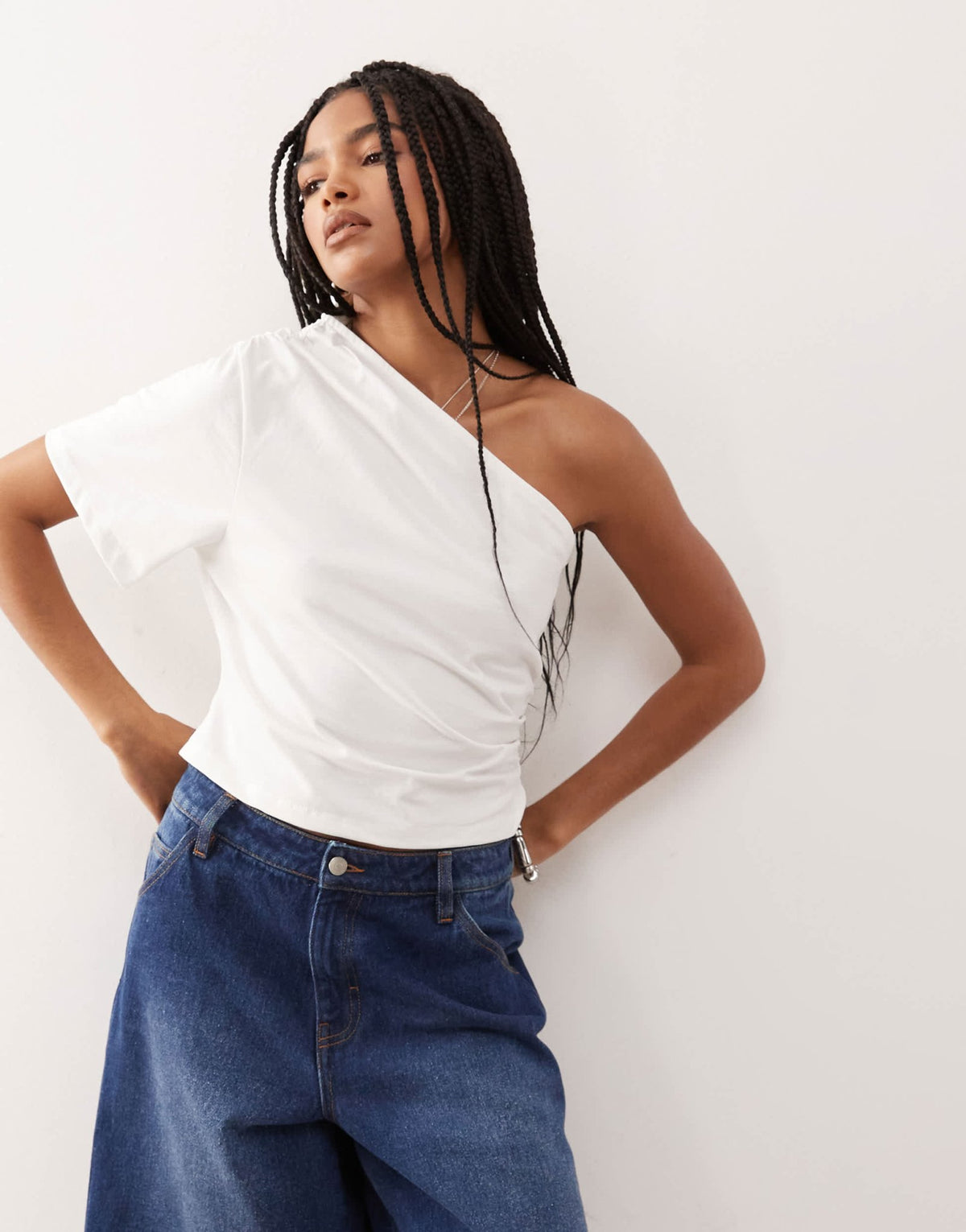 Reclaimed Vintage asymmetric one shoulder ruched detail top in ecru - ASOS Sample Sale