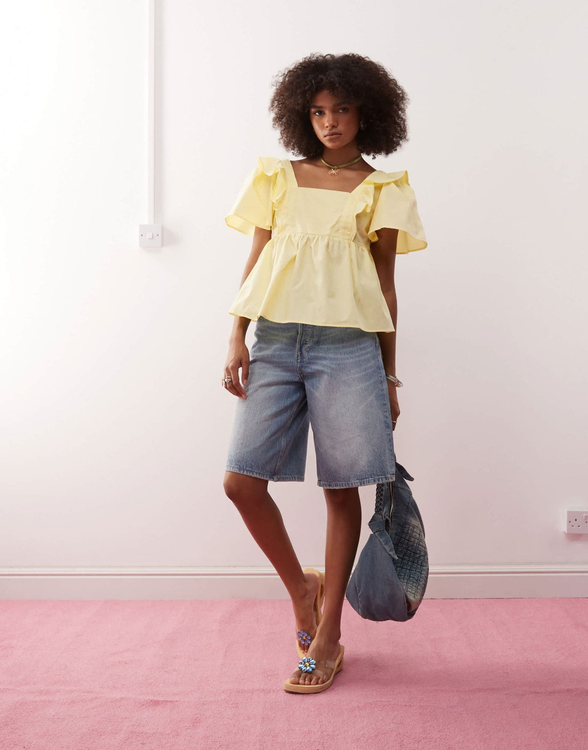 Reclaimed Vintage baby doll smock top with frills in buttermilk yellow - ASOS Sample Sale