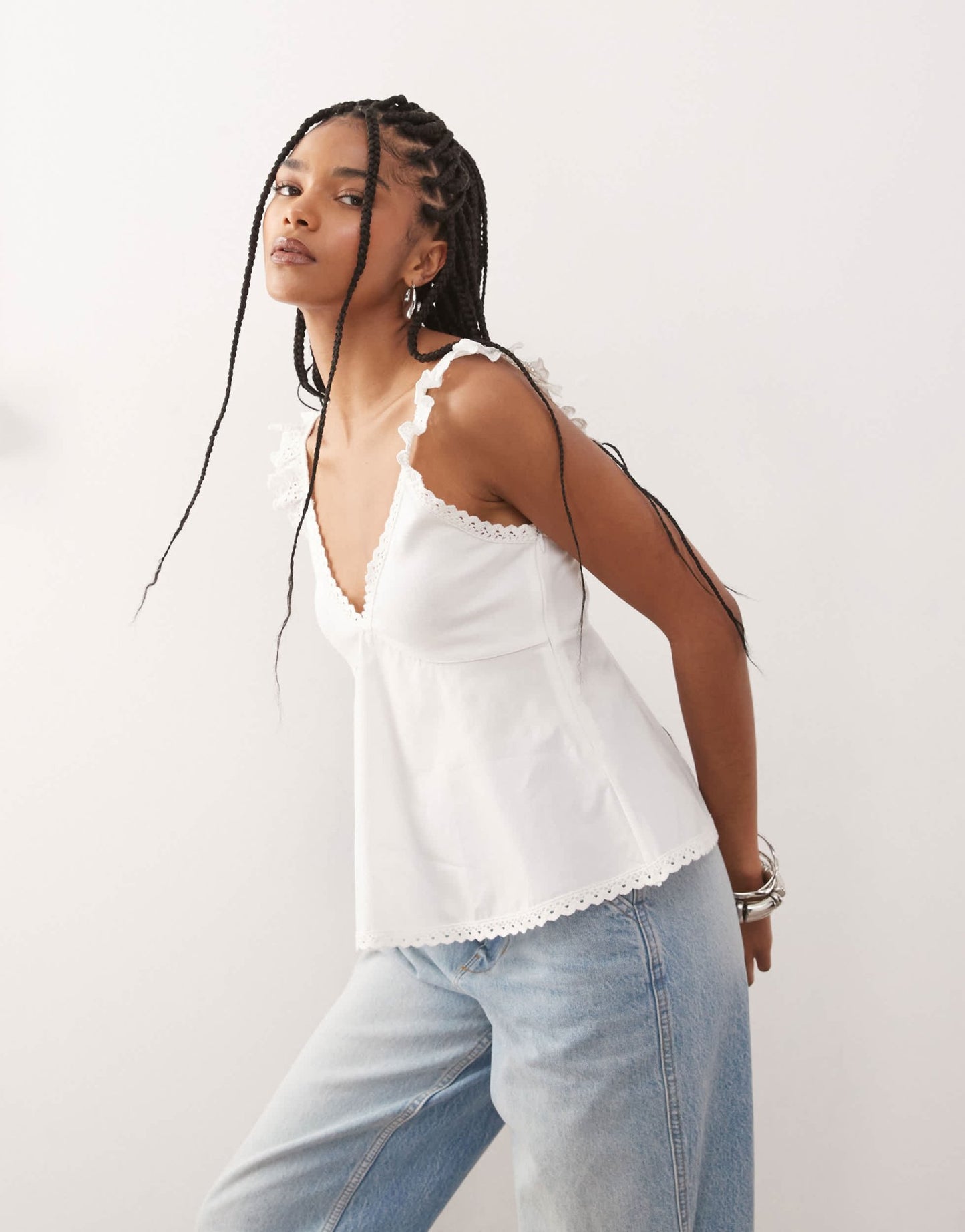 Reclaimed Vintage babydoll poplin cami with broderie and lace trims in cream - ASOS Sample Sale